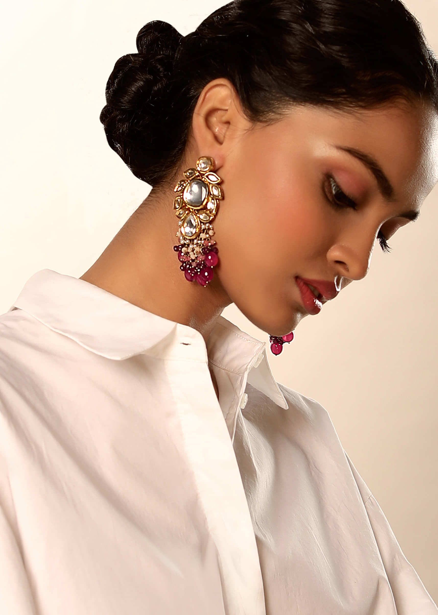 Gold Plated Earrings With Elaborate Kundan Work Along With Rani Pink Ombre Bead Fringes 