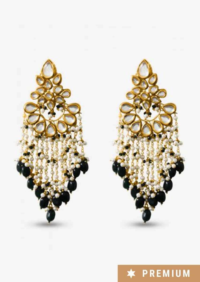 Gold Plated Earrings Studded With Kundan Along With Pearl And Green Bead Tassels By Prerto