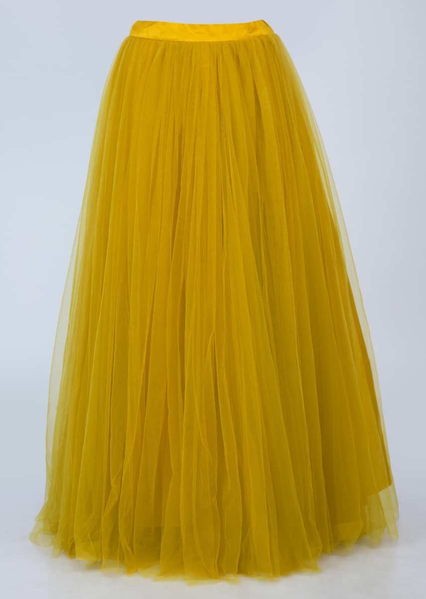 Madellion Yellow Lehenga In Net With Embroidered Crop Top And Frilled Net Dupatta Online - Kalki Fashion