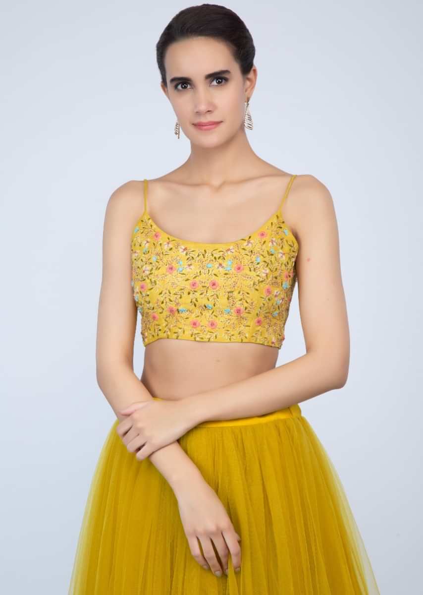 Madellion Yellow Lehenga In Net With Embroidered Crop Top And Frilled Net Dupatta Online - Kalki Fashion