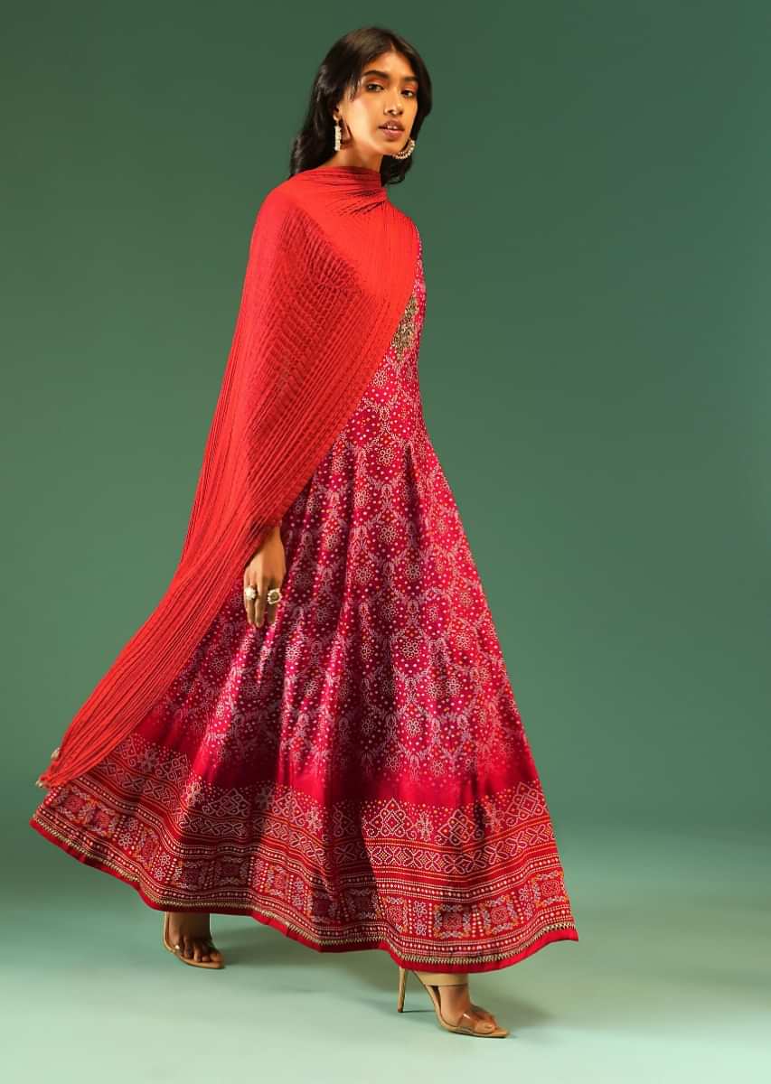 Magenta Ombre Raw Silk Anarkali Suit With Bandhani Design And Zardosi Embellished Neckline