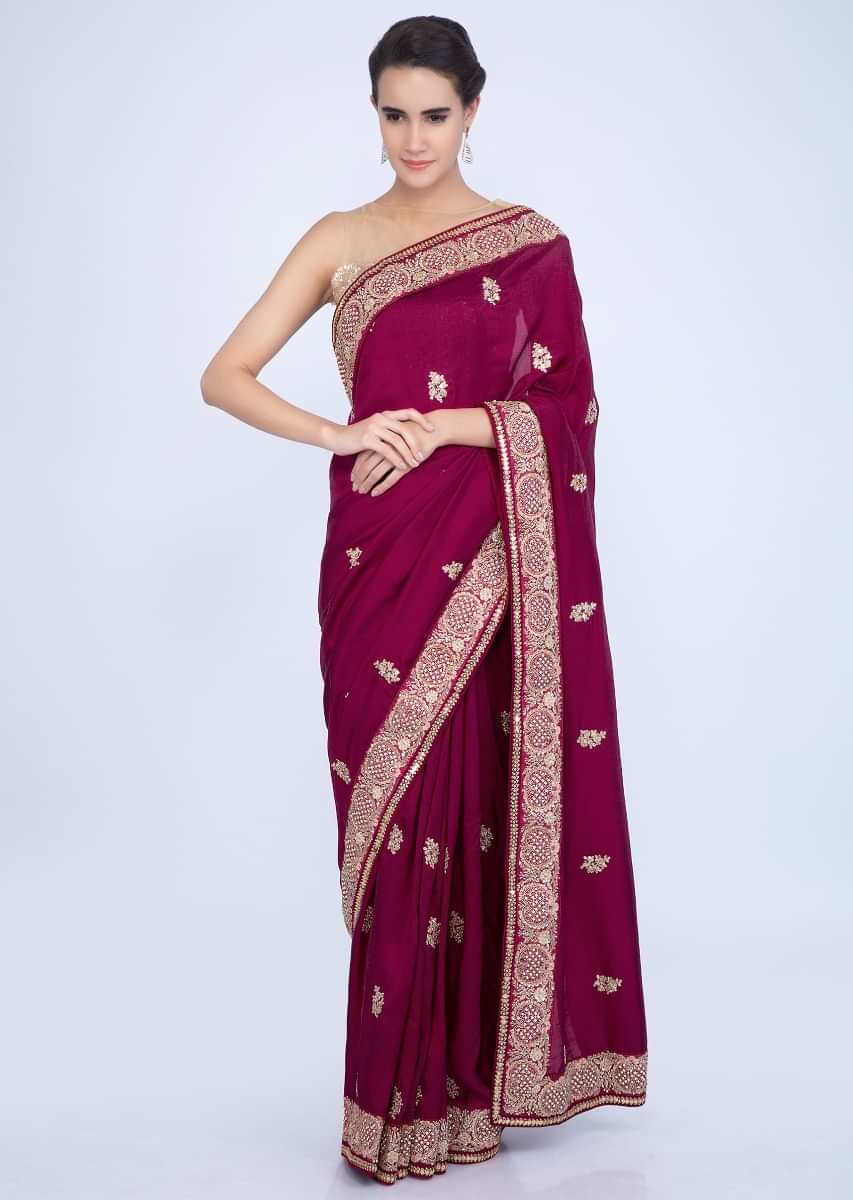 Magenta cotton silk saree with embroidered butti and border only on Kalki
