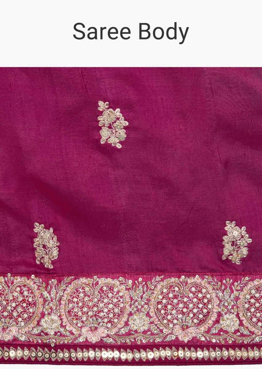 Magenta cotton silk saree with embroidered butti and border only on Kalki
