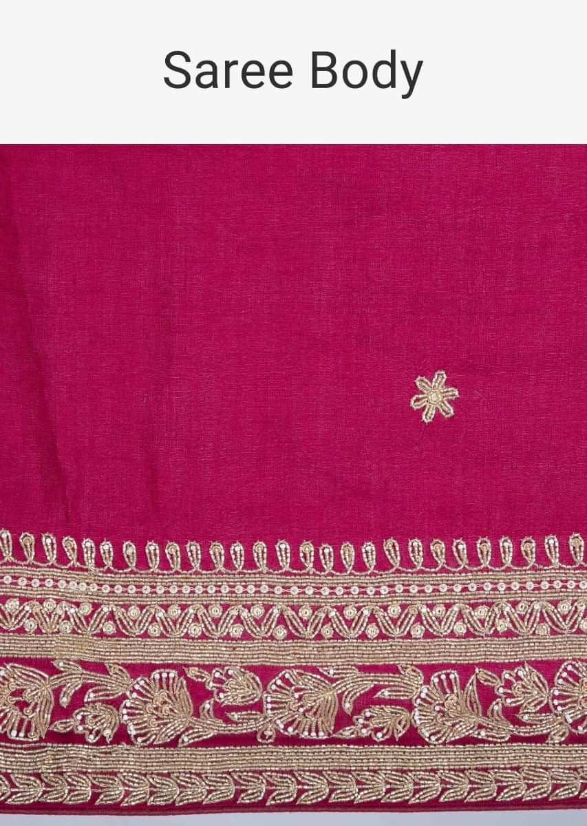 Magenta jute cotton saree with embroidered butti and border only on Kalki