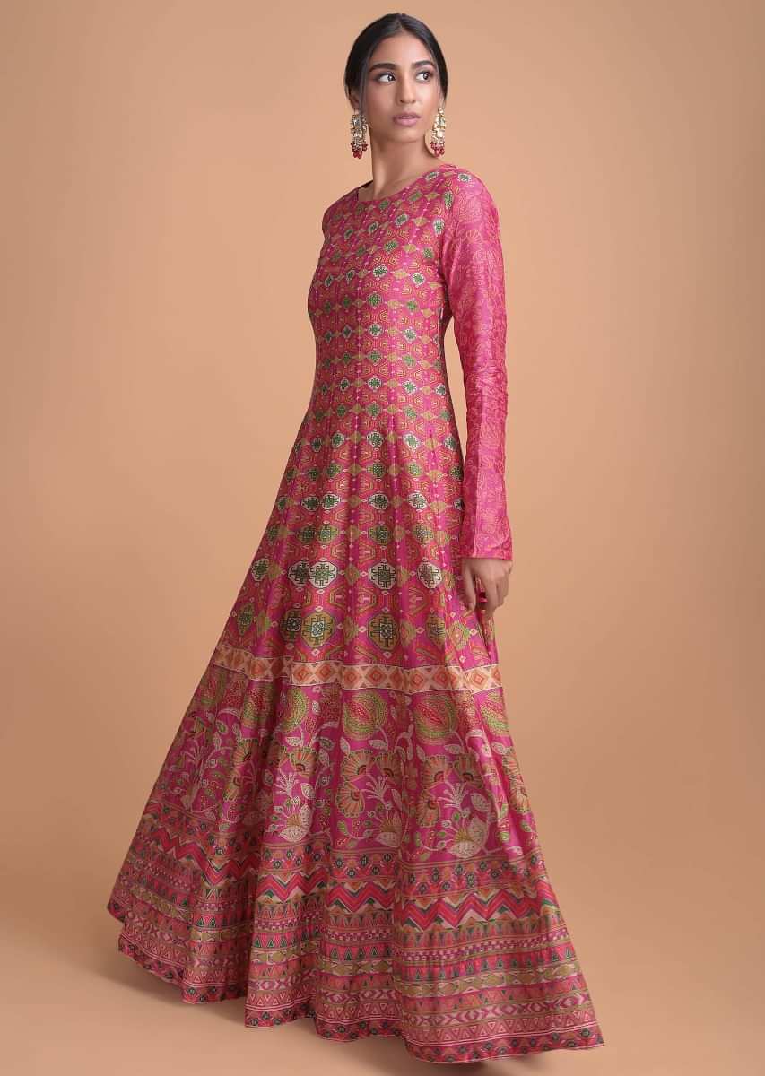 Buy Magenta Pink Anarkali Suit In Cotton Silk With Patola Print Online ...
