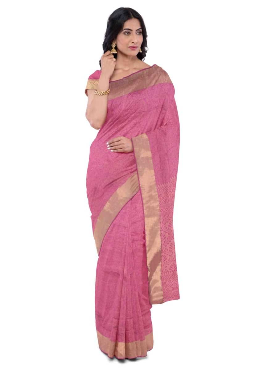 Buy Magenta Pink Banarasi Silk Saree In Floral Jaal Weave KALKI