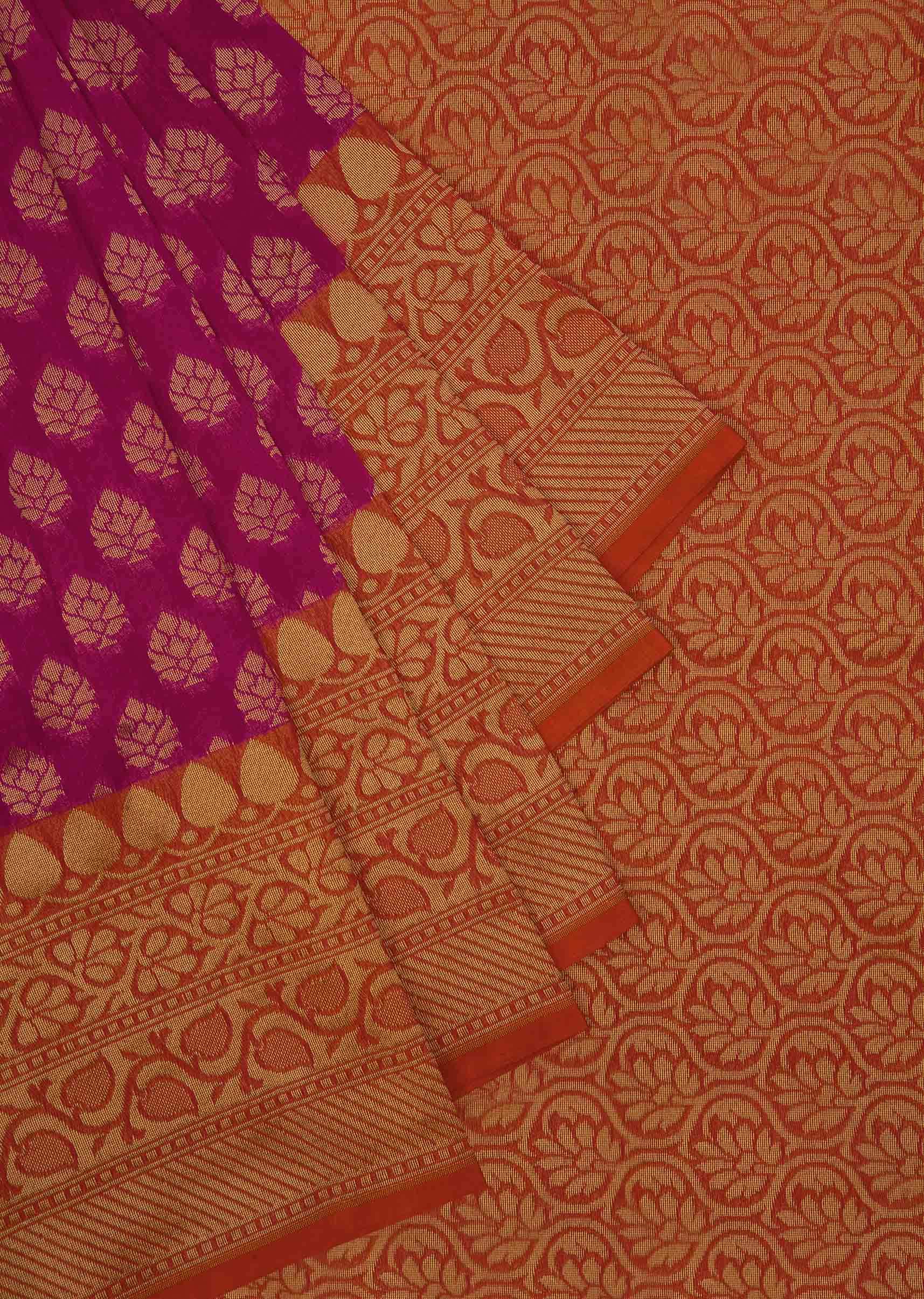 Magenta pink chanderi silk saree with weaved work