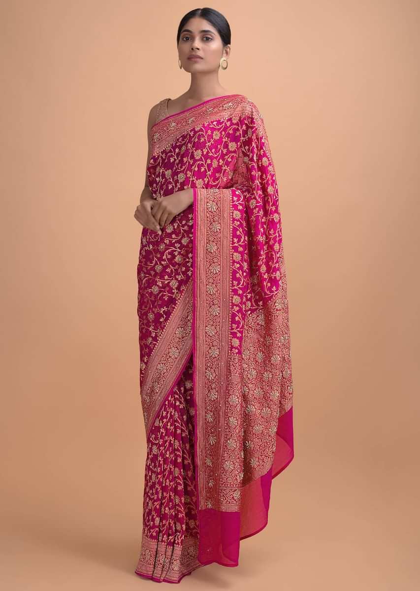 Magenta Pink Saree In Georgette With Weaved Floral Jaal And Embellishments 
