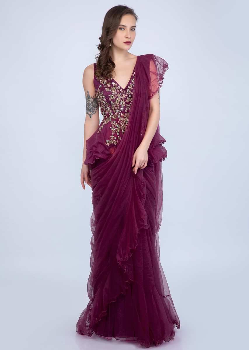 Magenta Ready Plated Frilled Saree With Embroidered Peplum Blouse Online - Kalki Fashion
