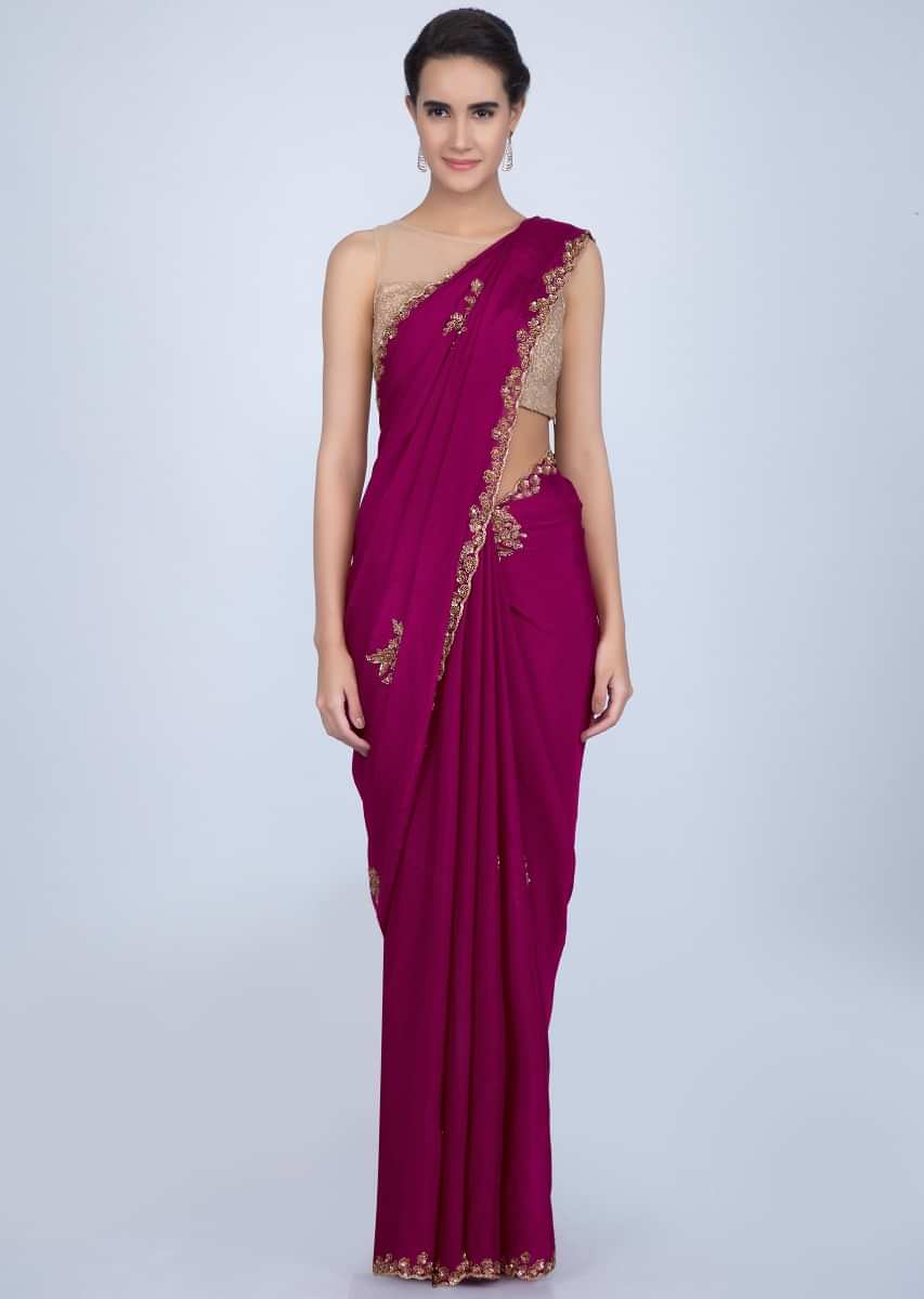 Magenta satin chiffon saree with embroidered butti and border only on Kalki
