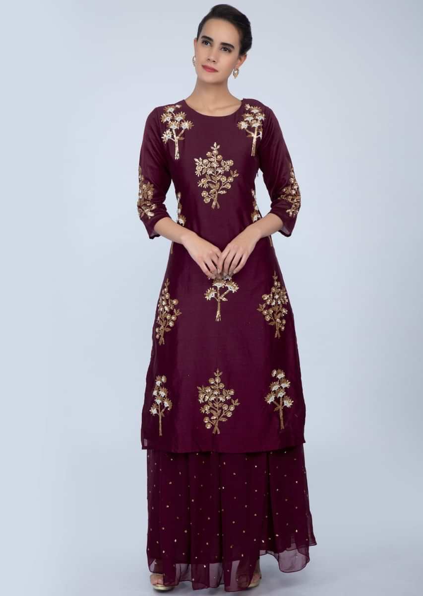 Magenta sequins and moti embroidered suit with matching skirt only on Kalki