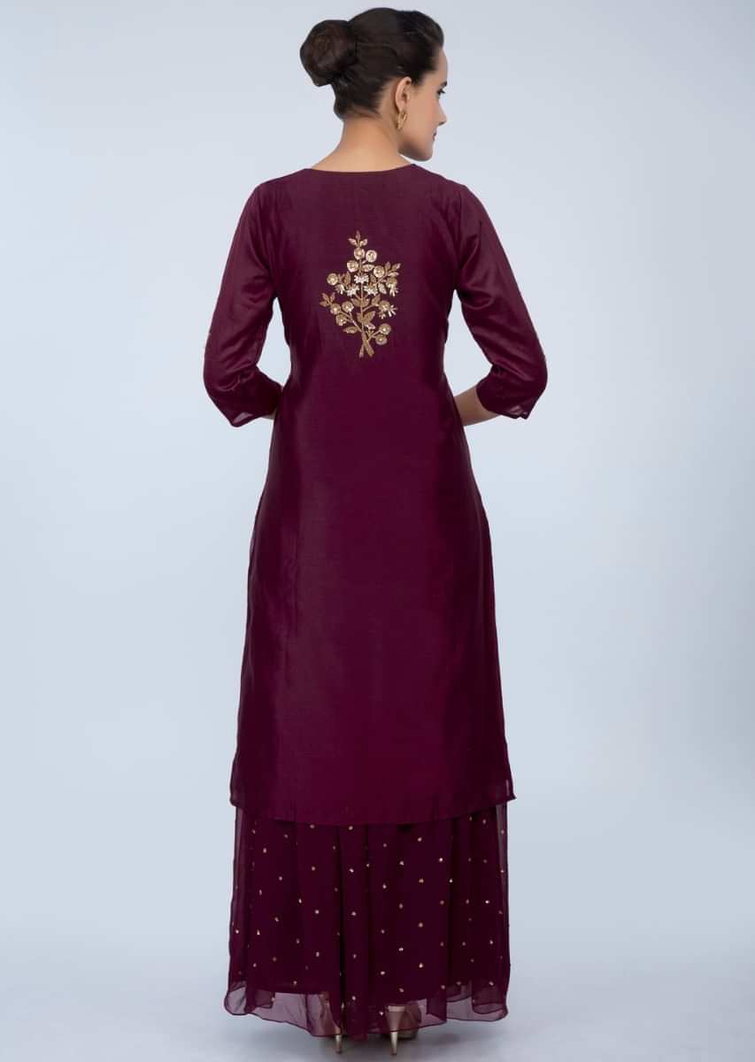 Magenta sequins and moti embroidered suit with matching skirt only on Kalki
