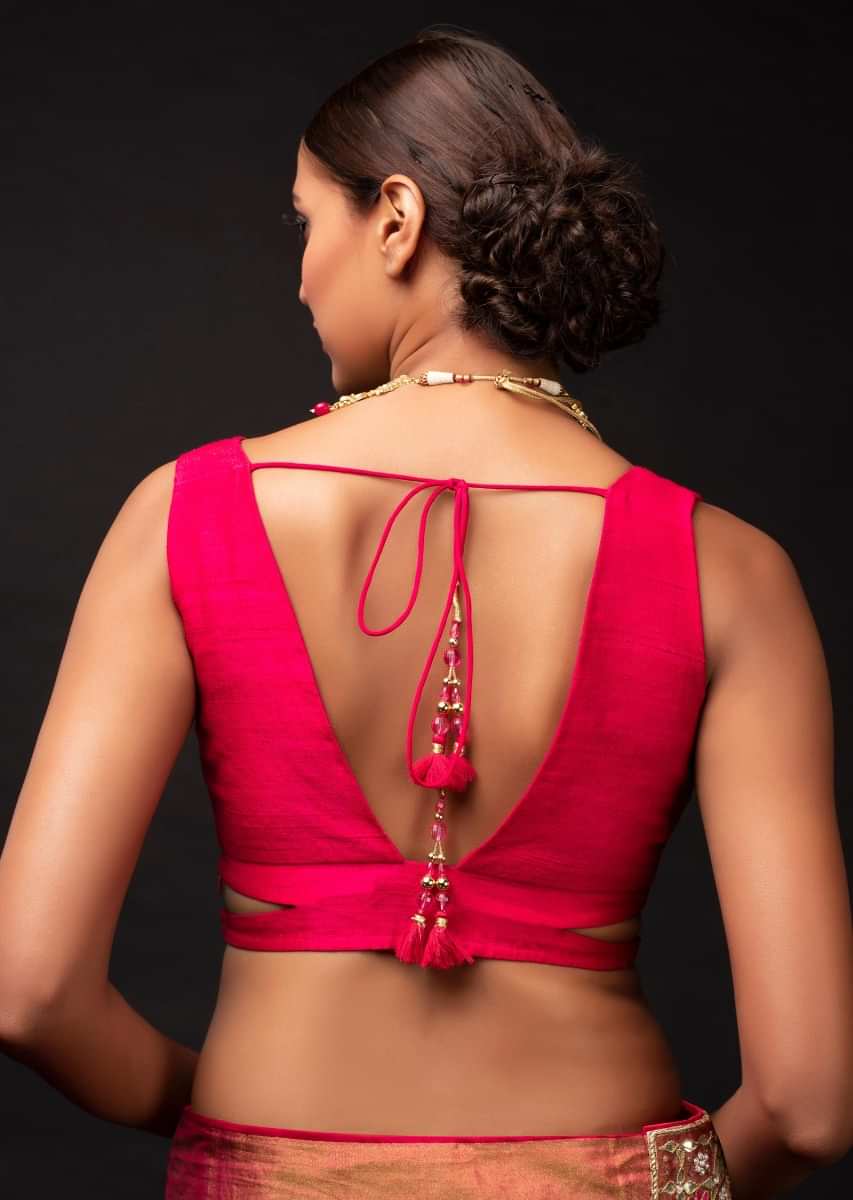 Magenta Sleeveless Blouse In Raw Silk With A Plunging Trapeze Neckline