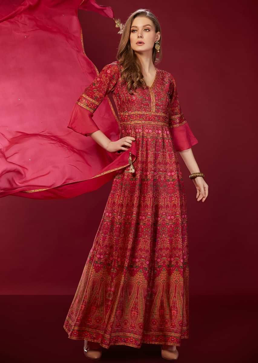 Magenta Suit With Digital Printed Ethnic Motifs And Ruffle Sleeves Online - Kalki Fashion