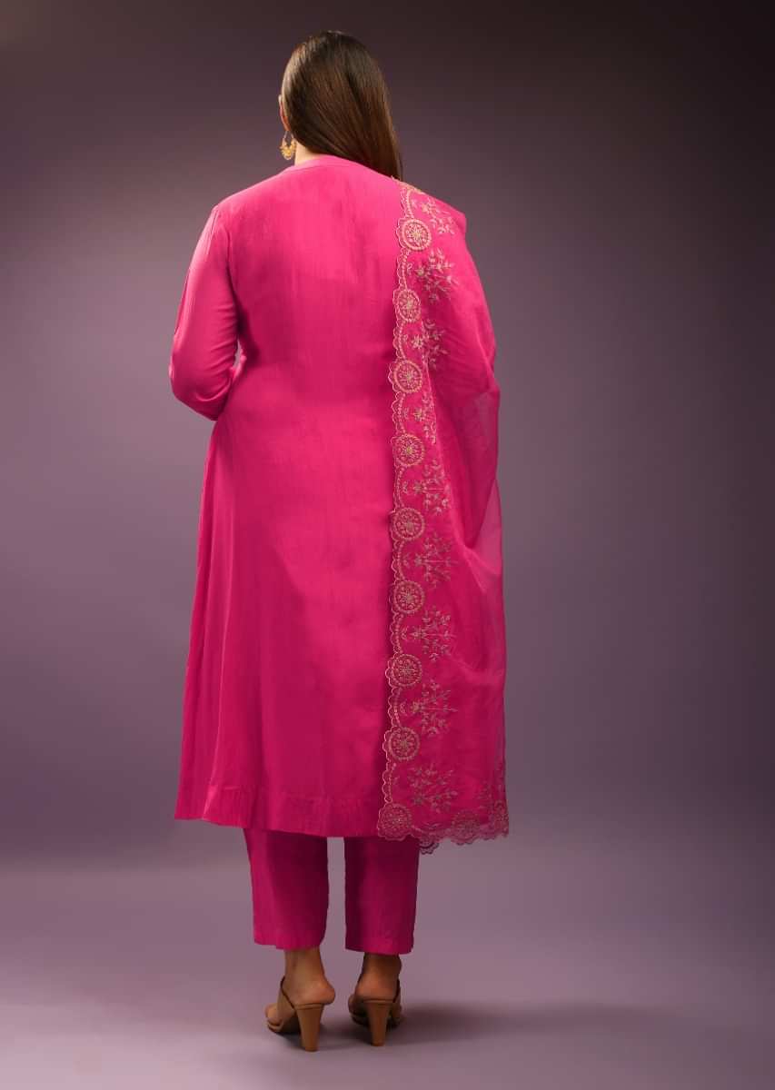 Magenta Pink Chanderi Cotton A Line Suit With Pin Tucks Detailing Paired With Zari Embroidered Organza Dupatta