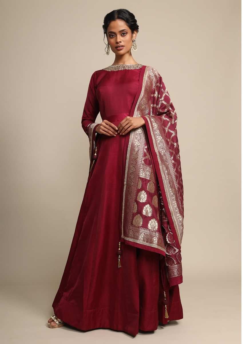 Maroon Anarkali Suit In Silk With A Banarasi Brocade Dupatta Adorned In Cutdana And Kundan Work  
