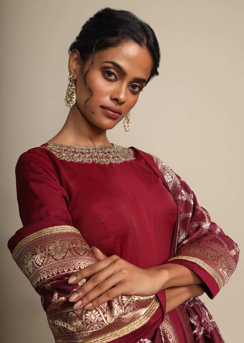 Maroon Anarkali Suit In Silk With A Banarasi Brocade Dupatta Adorned In Cutdana And Kundan Work  