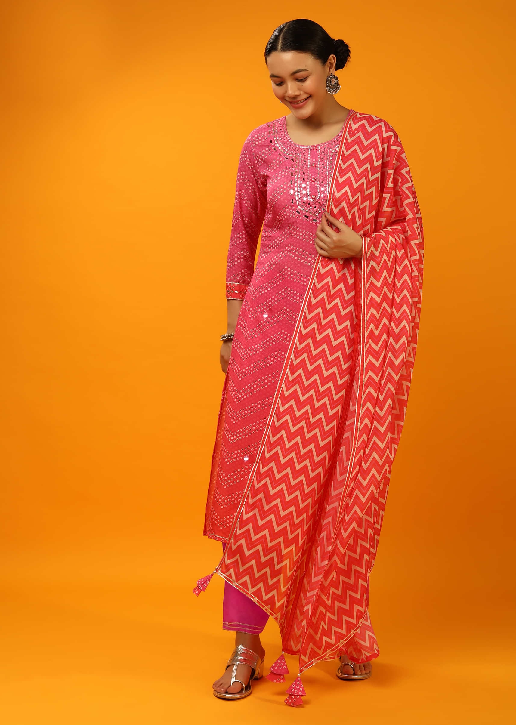Magenta And Coral Pink Ombre Straight Cut Suit With Bandhani Print And Mirror Embroidered Placket Online - By Kalki