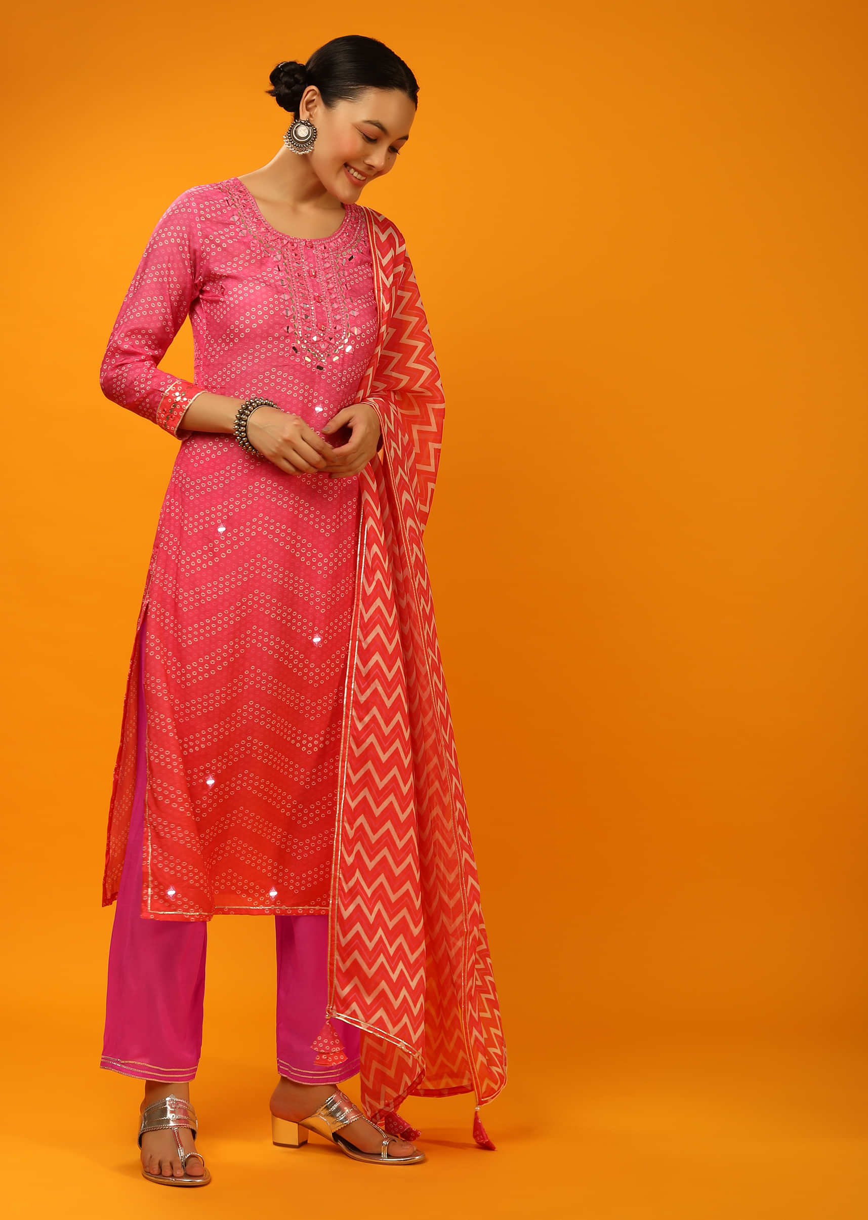 Magenta And Coral Pink Ombre Straight Cut Suit With Bandhani Print And Mirror Embroidered Placket Online - By Kalki