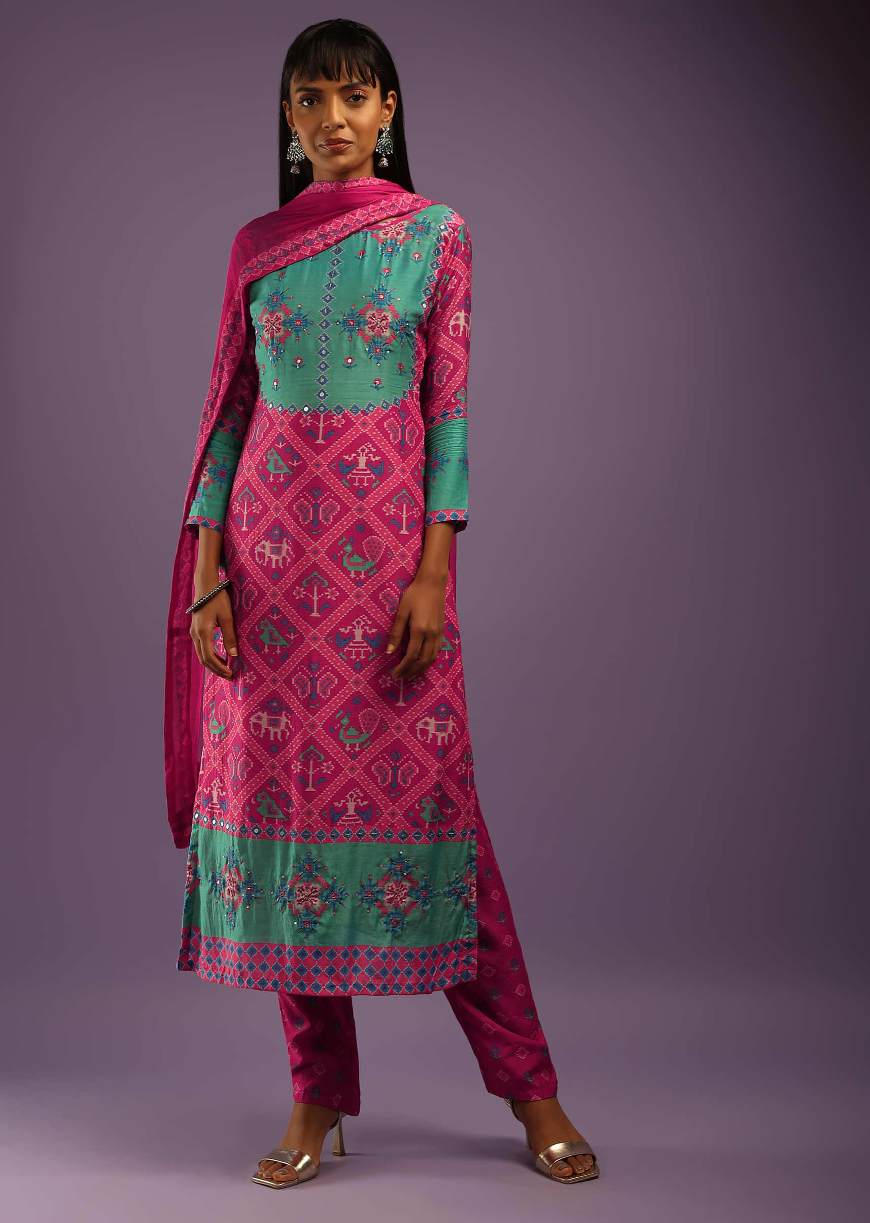 Magenta And Turquoise Straight Cut Suit In Cotton Silk With Patola Print  