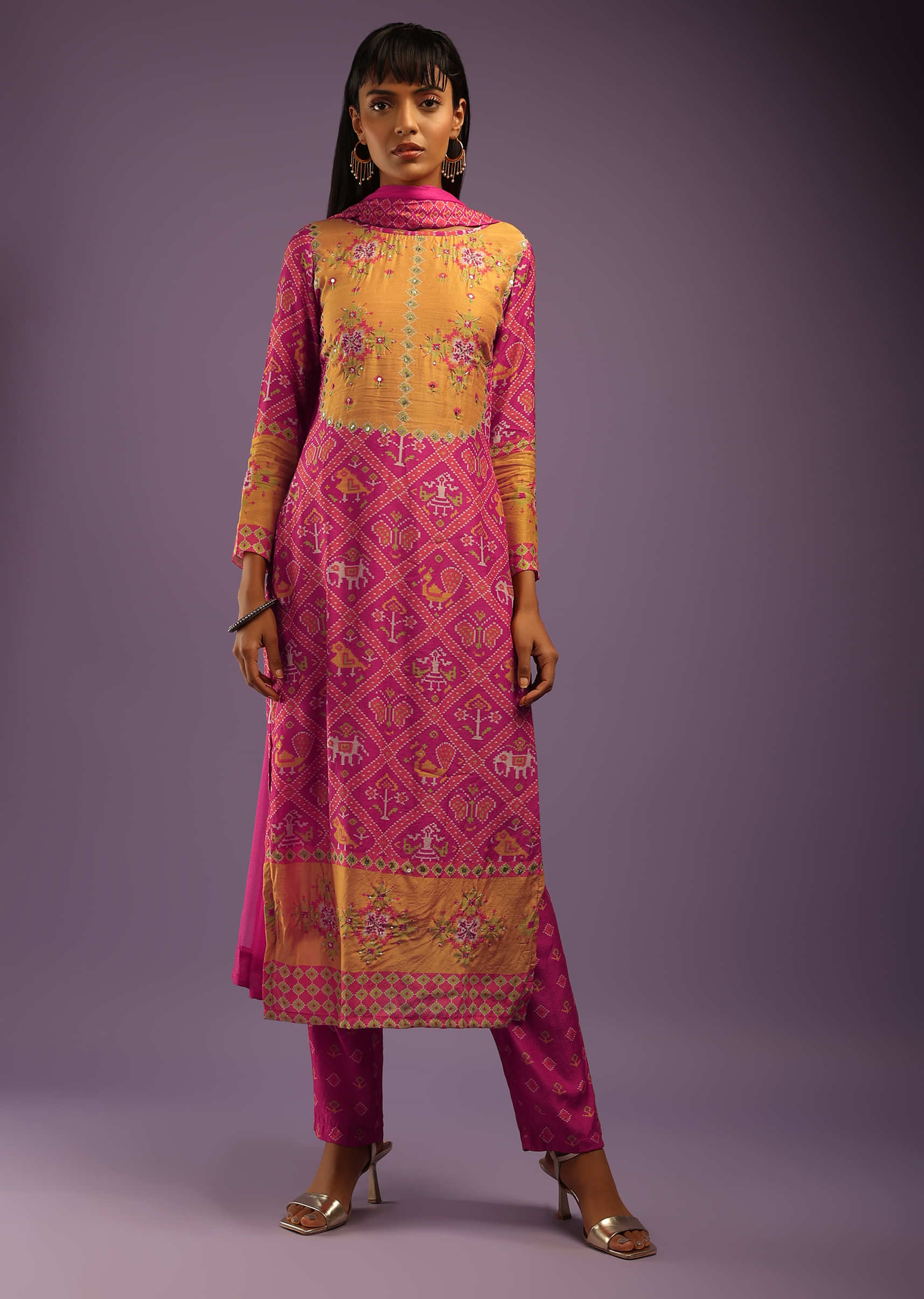 Magenta And Yellow Straight Cut Suit In Cotton Silk With Patola Print  