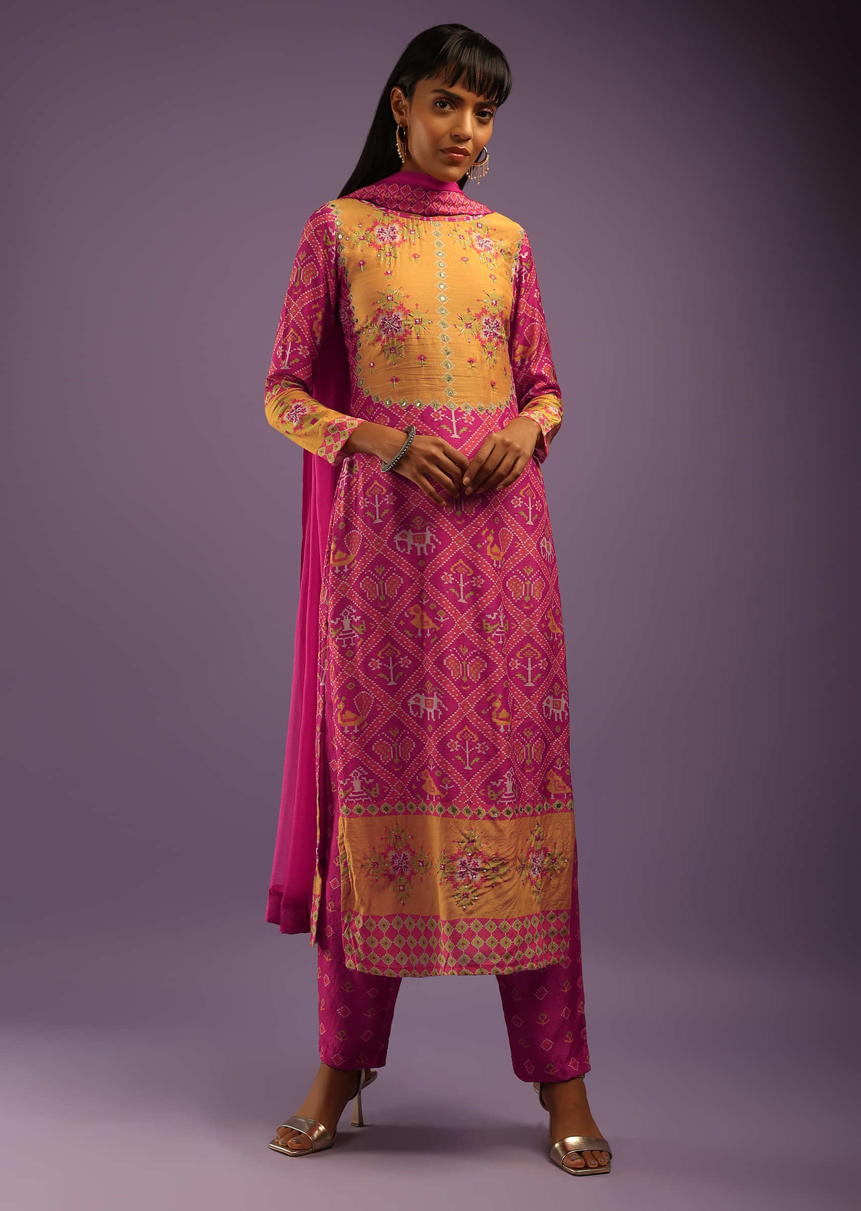 Magenta And Yellow Straight Cut Suit In Cotton Silk With Patola Print  