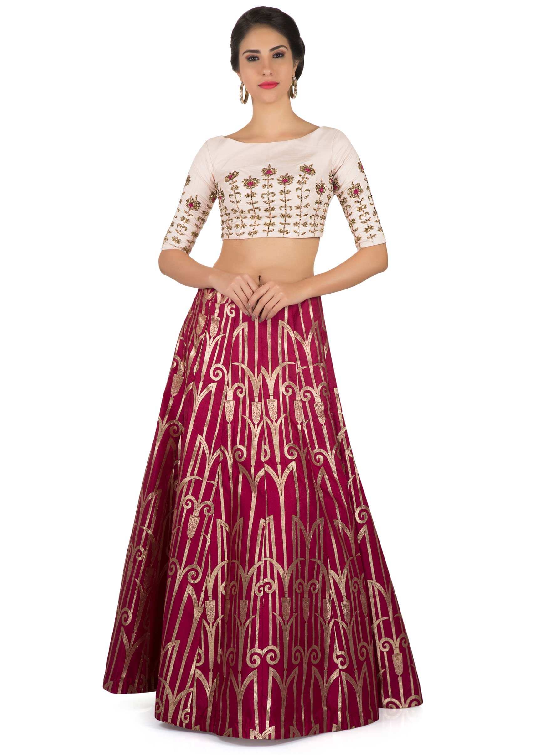 Magenta Lehenga In Brocade Silk Matched With Baby Pink Embroidered Crop Top Online - Kalki Fashion