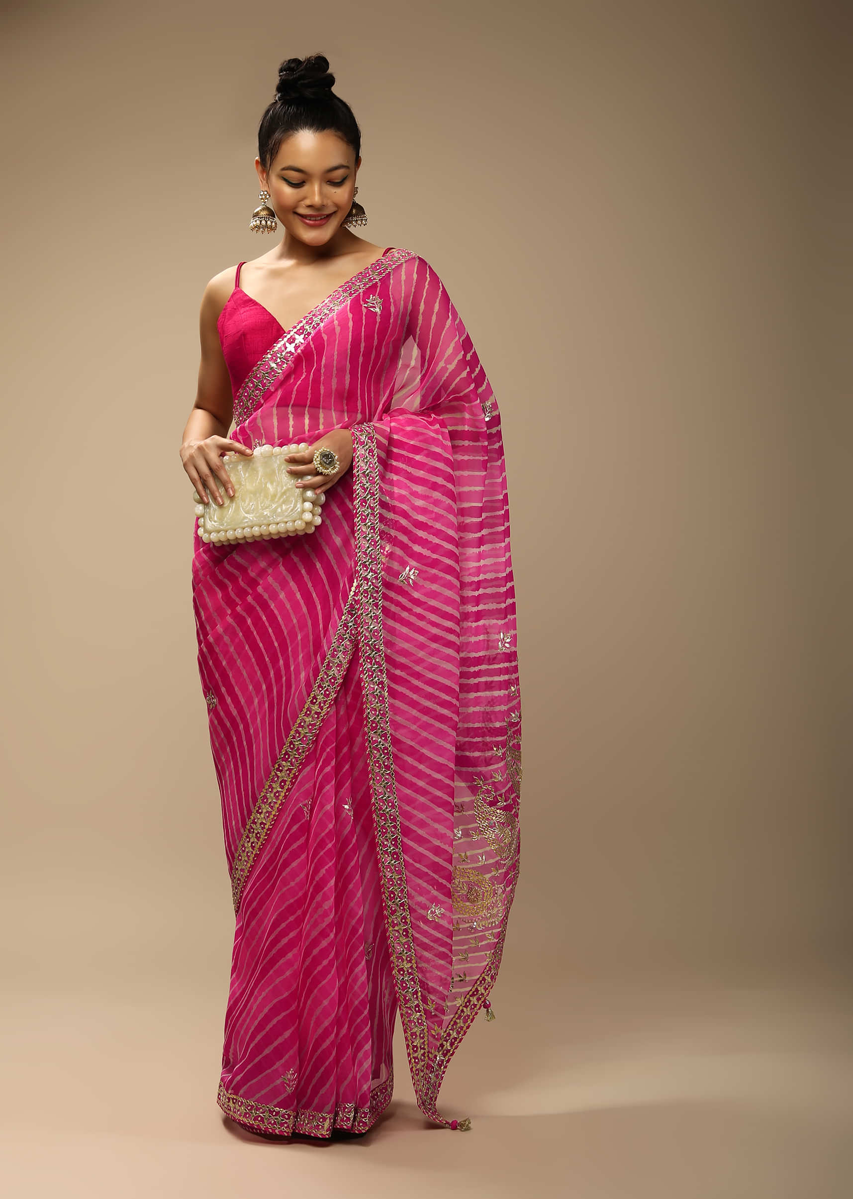 Magenta Dual Toned Saree In Organza With Lehariya Print And Gotta Patti Embroidered Paisley Motifs On The Pallu