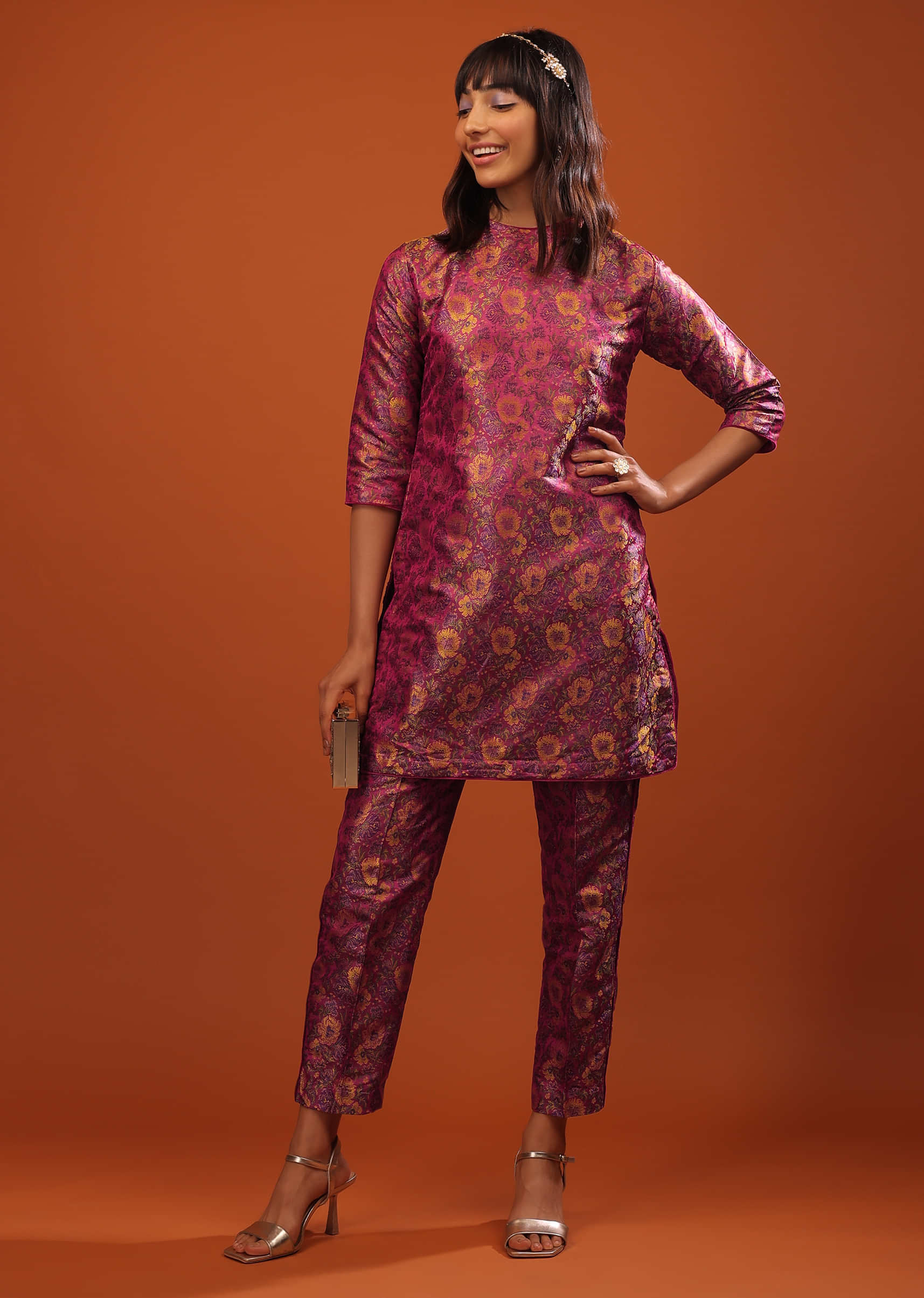 Magenta Haze Purple Banarasi Brocade Short Kurta And Cigarette Pants Set With Woven Floral Design