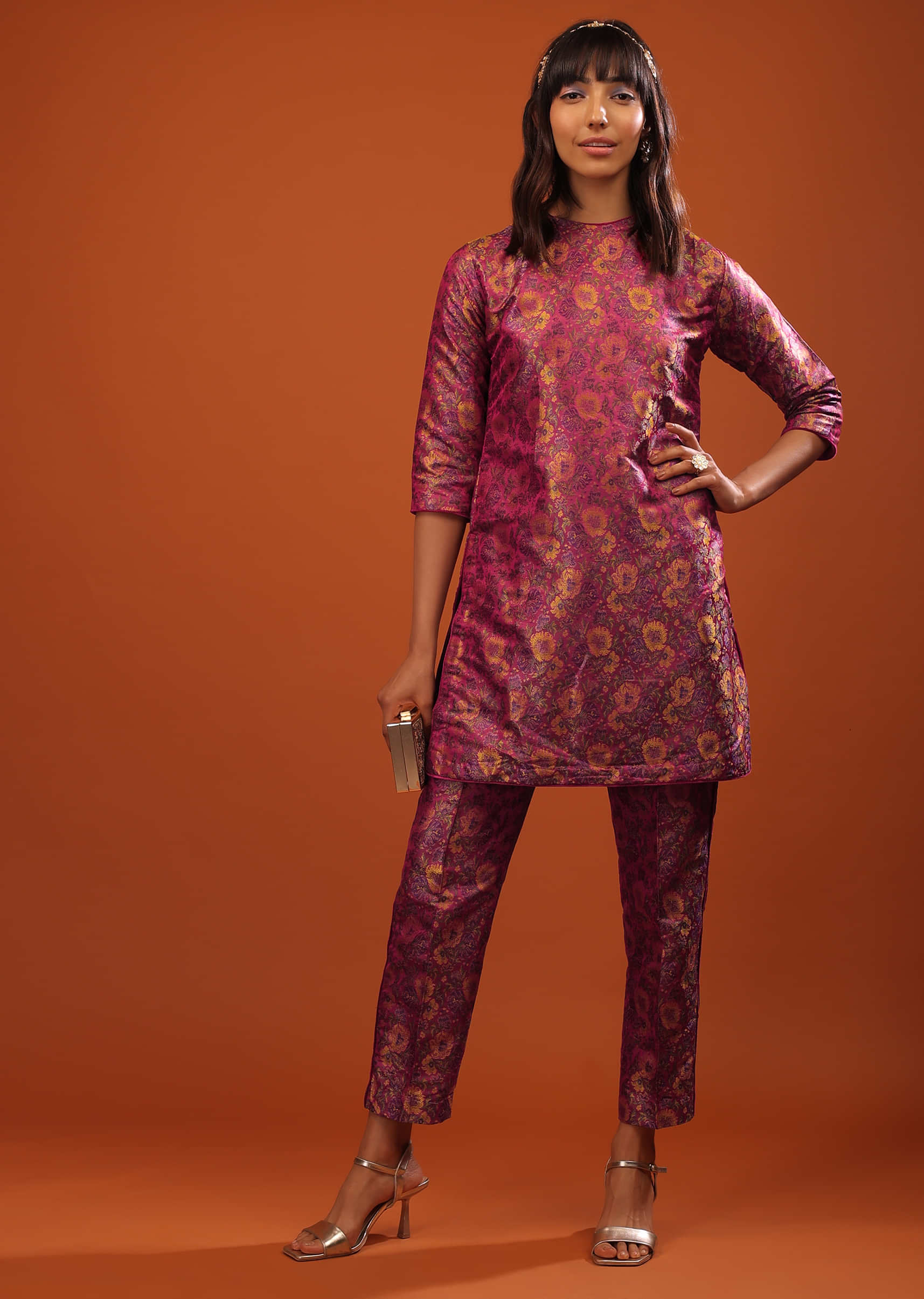 Buy Magenta Haze Purple Banarasi Brocade Short Kurta And Cigarette Pants  Set With Woven Floral Design- HOW TO STYLE SHORT KURTI