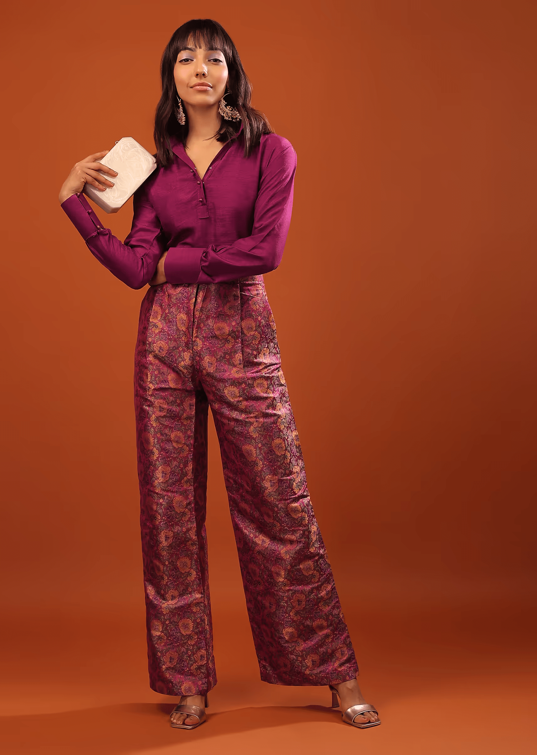 Magenta Haze Purple Tusser Top And Banarasi Brocade Straight Cut Pants Set With Woven Floral Motifs
