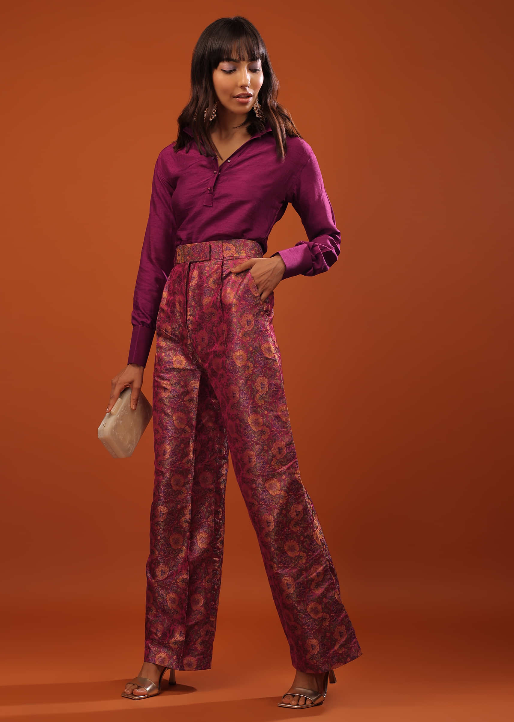 Burgundy Purple Tussar Top And Banarasi Brocade Straight Cut Pants Set With Woven Floral Motifs