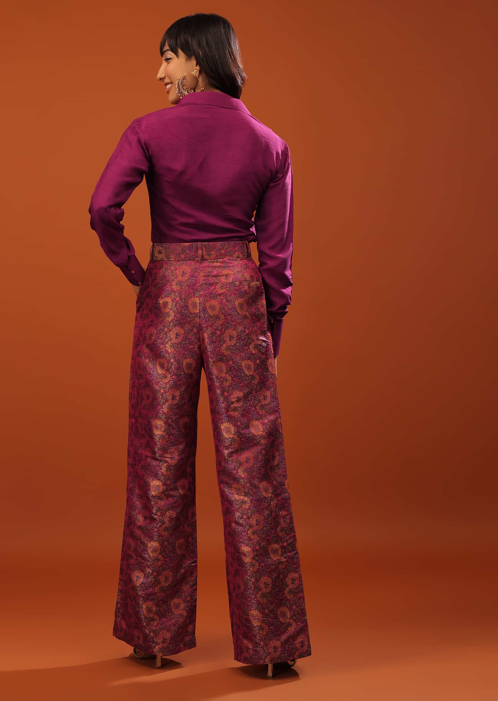 Burgundy Purple Tussar Top And Banarasi Brocade Straight Cut Pants Set With Woven Floral Motifs