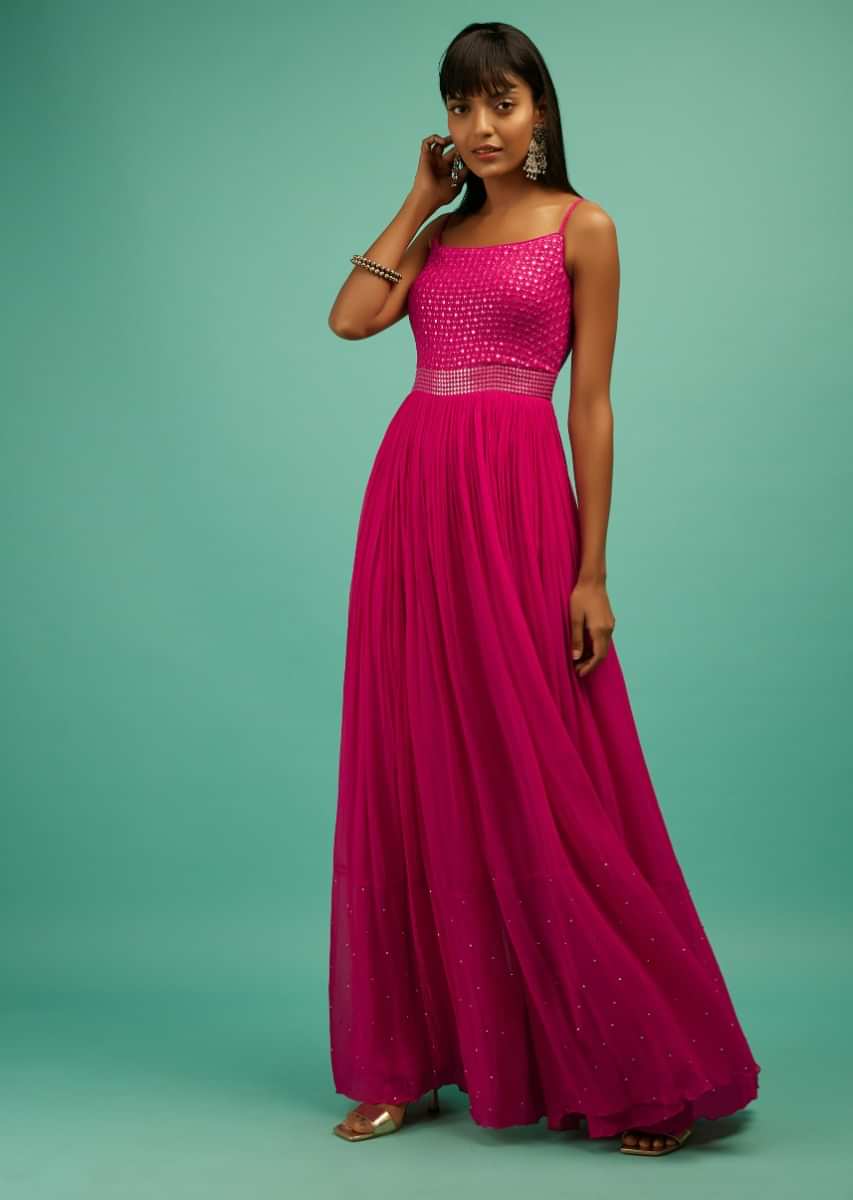 Magenta Jumpsuit In Georgette With Resham And Sequins Embroidered Jaal On The Bodice  