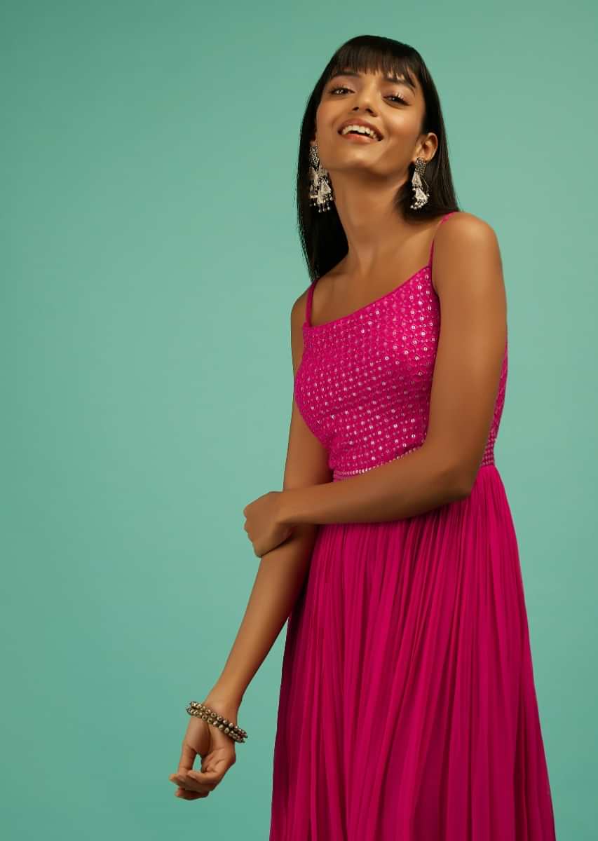 Magenta Jumpsuit In Georgette With Resham And Sequins Embroidered Jaal On The Bodice  