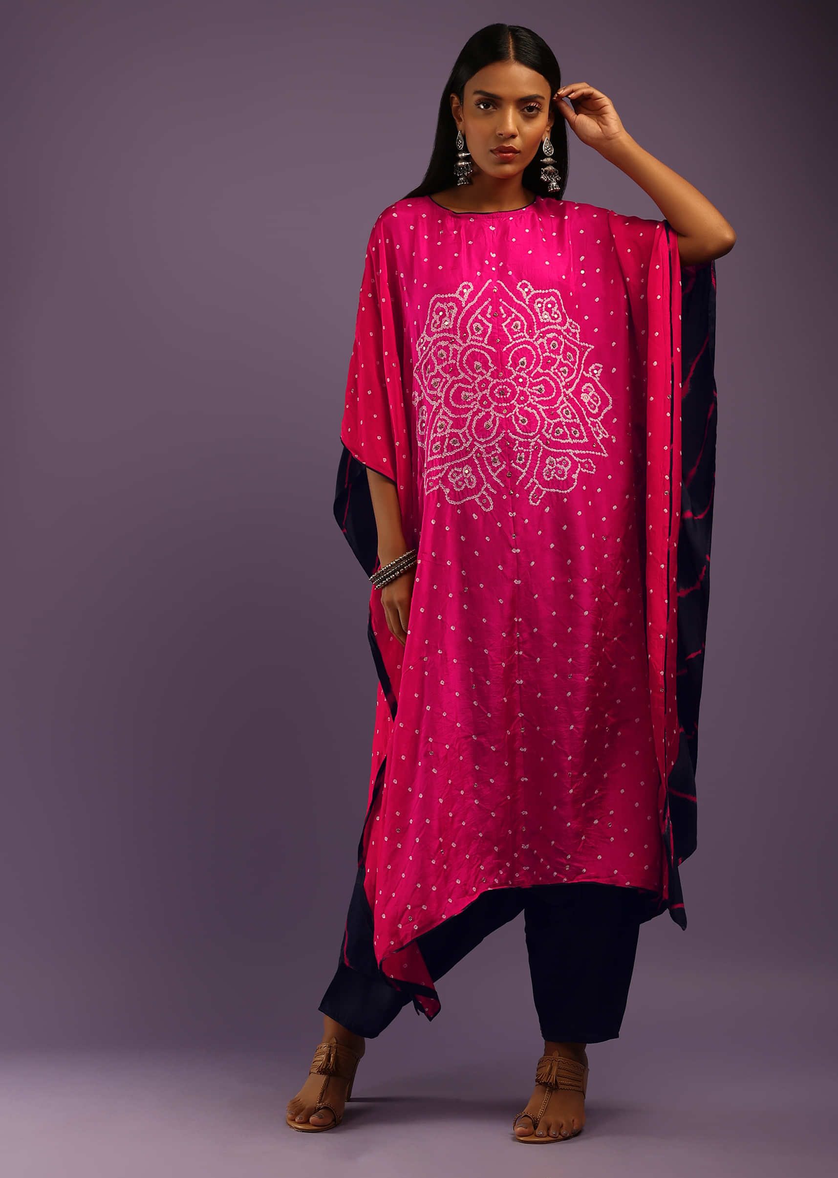 Buy Magenta Kaftan Suit In Crepe With Real Bandhani And Tie Dye Design ...