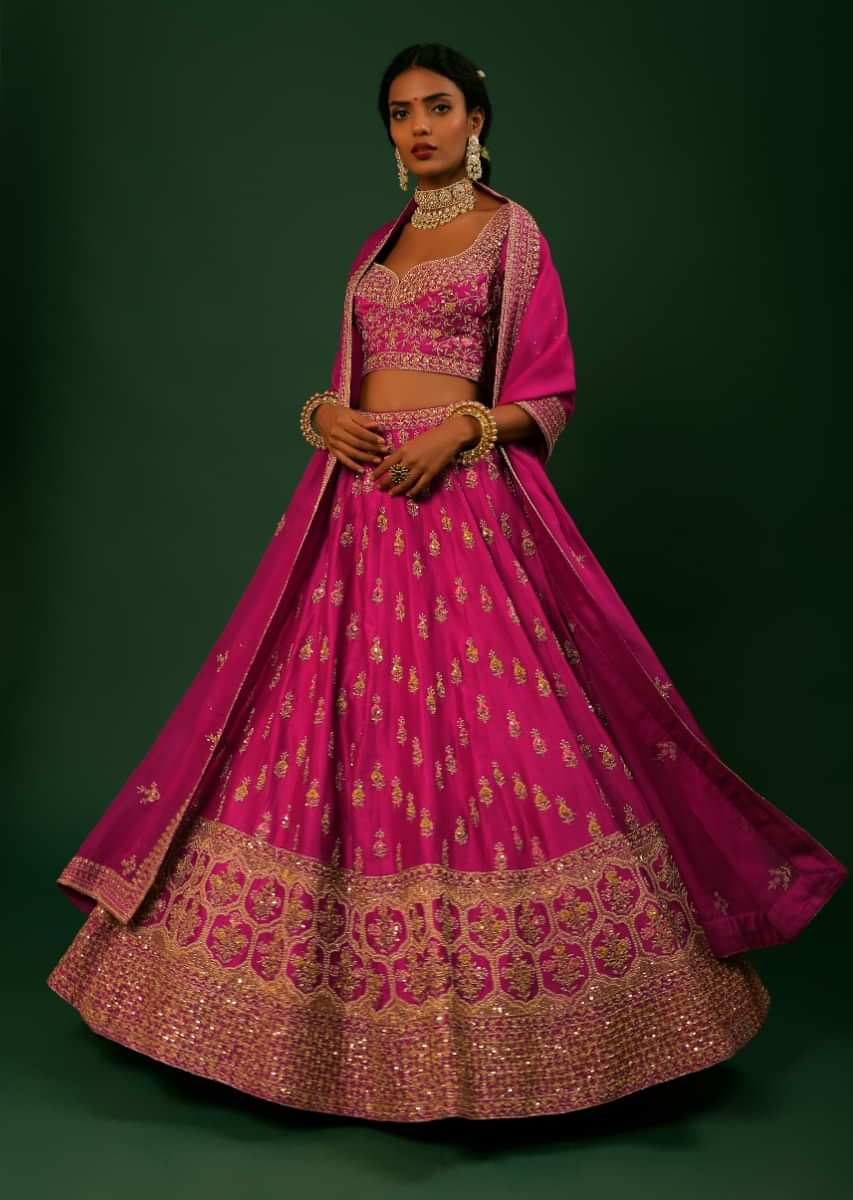 Magenta Pink Lehenga Choli In Raw Silk With Golden Zari And Colorful Resham Embroidered Morroccan And Floral Border And Buttis 