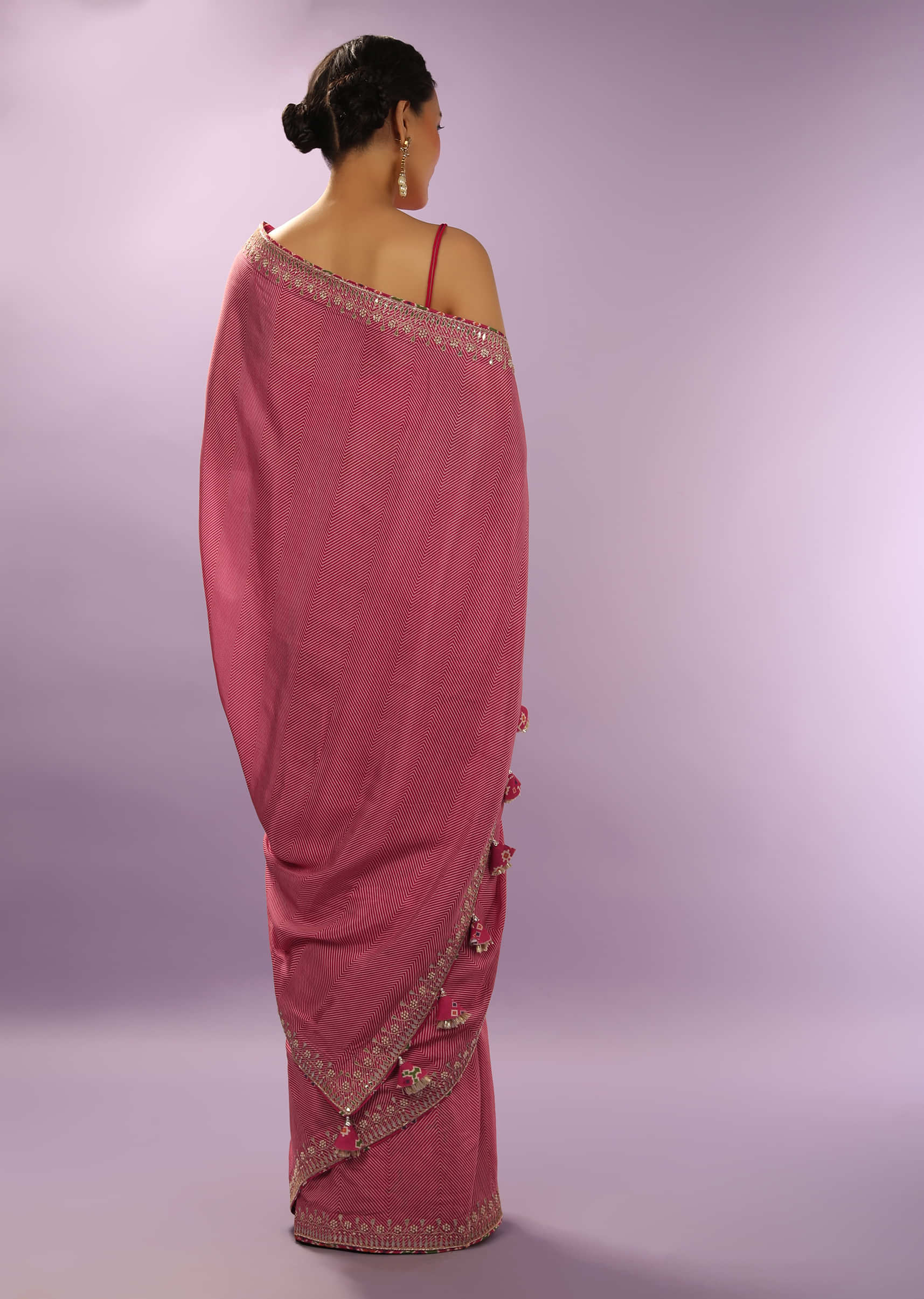 Magenta Pink Saree In Soft Satin Silk With Lehariya Printed Chevron Design And Gotta Embroidered Border  