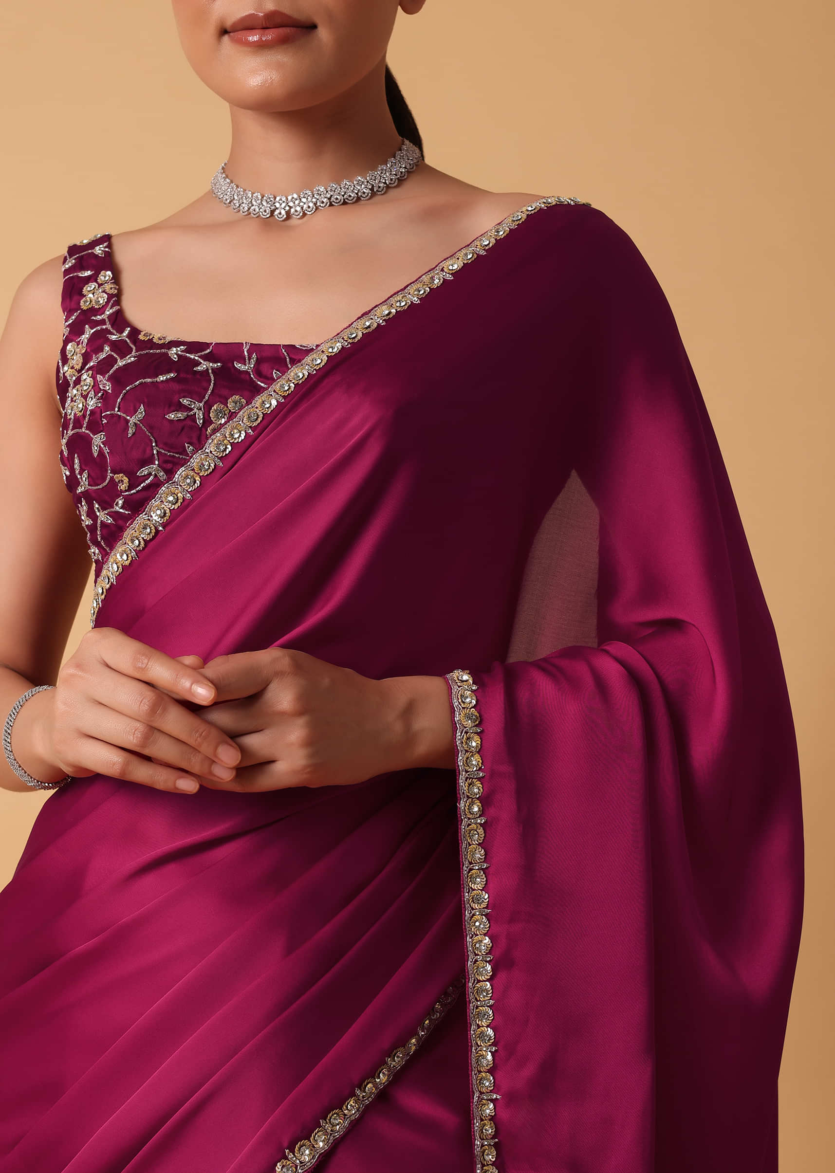 Wedding wear Solid Plain Satin Saree With Heavy Sequin Work Blouse