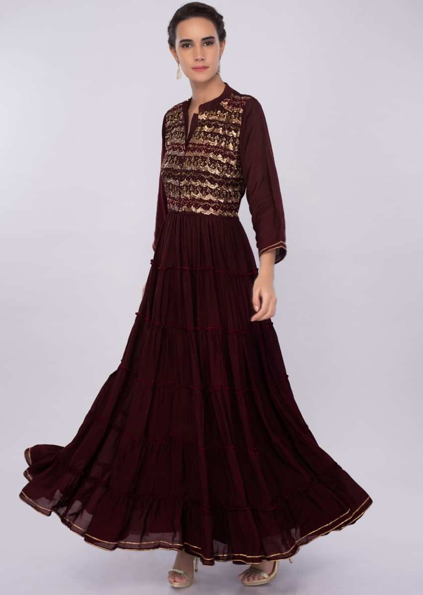 Mahogany cotton silk tunic dress with gathers only on kalki