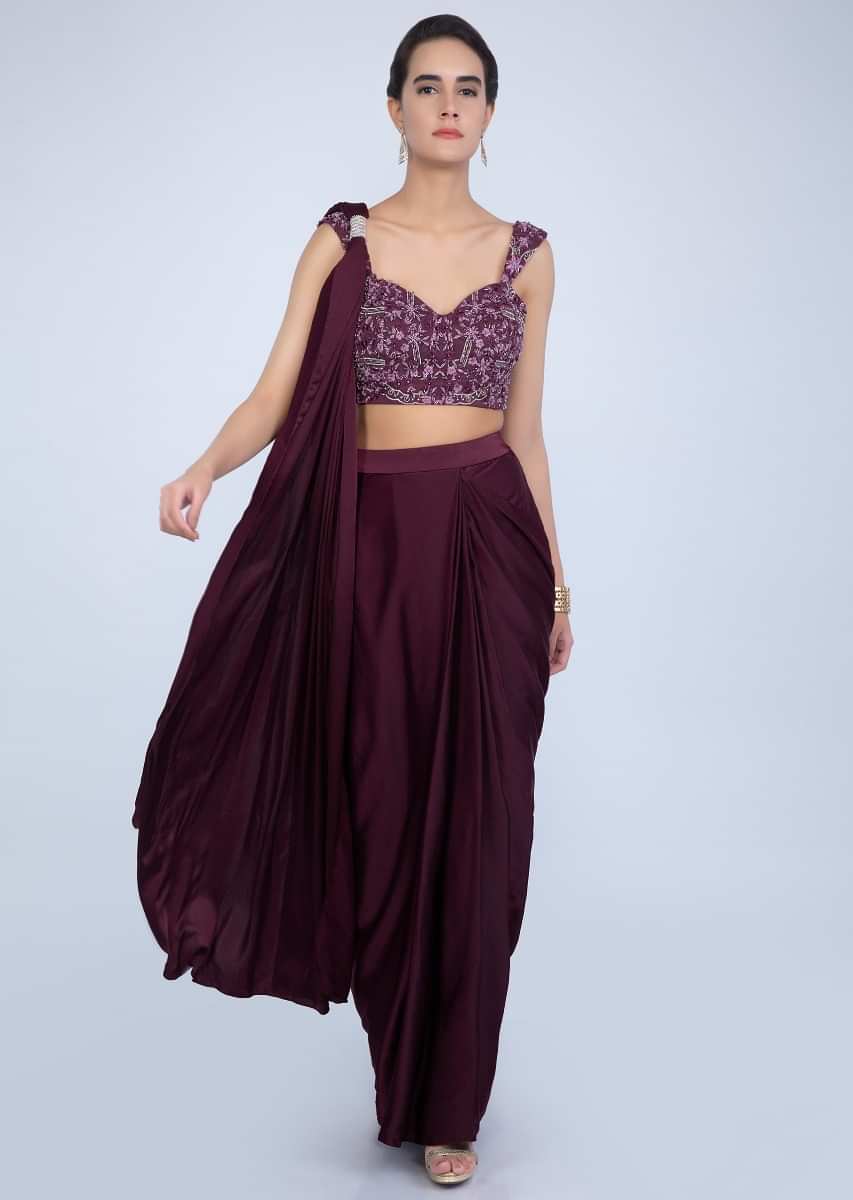 Mahogany Ready Pleated Draped Saree In Satin Crepe With Matching Embroidered Net Blouse Online - Kalki Fashion