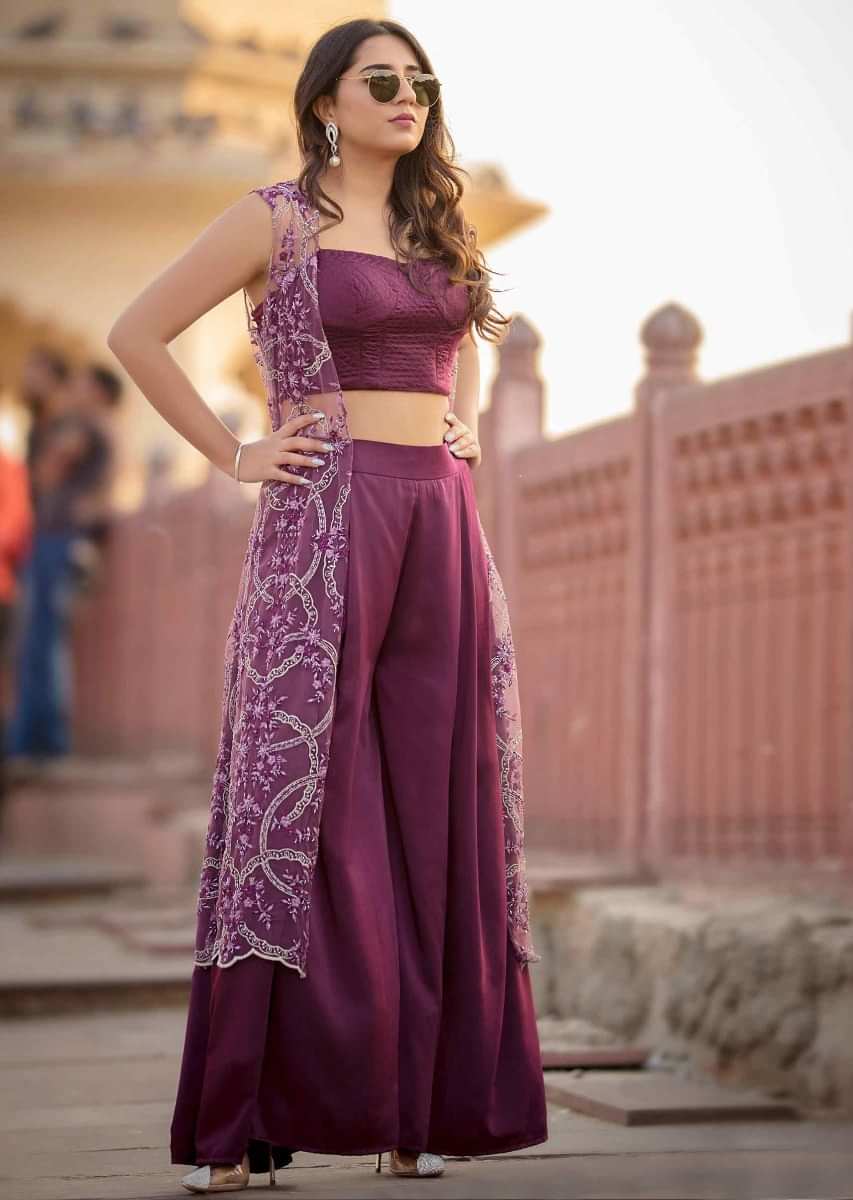 Mahogany Palazzo In Satin With Matching Crop Top And Heavy Embroidered Long Net Jacket Online - Kalki Fashion