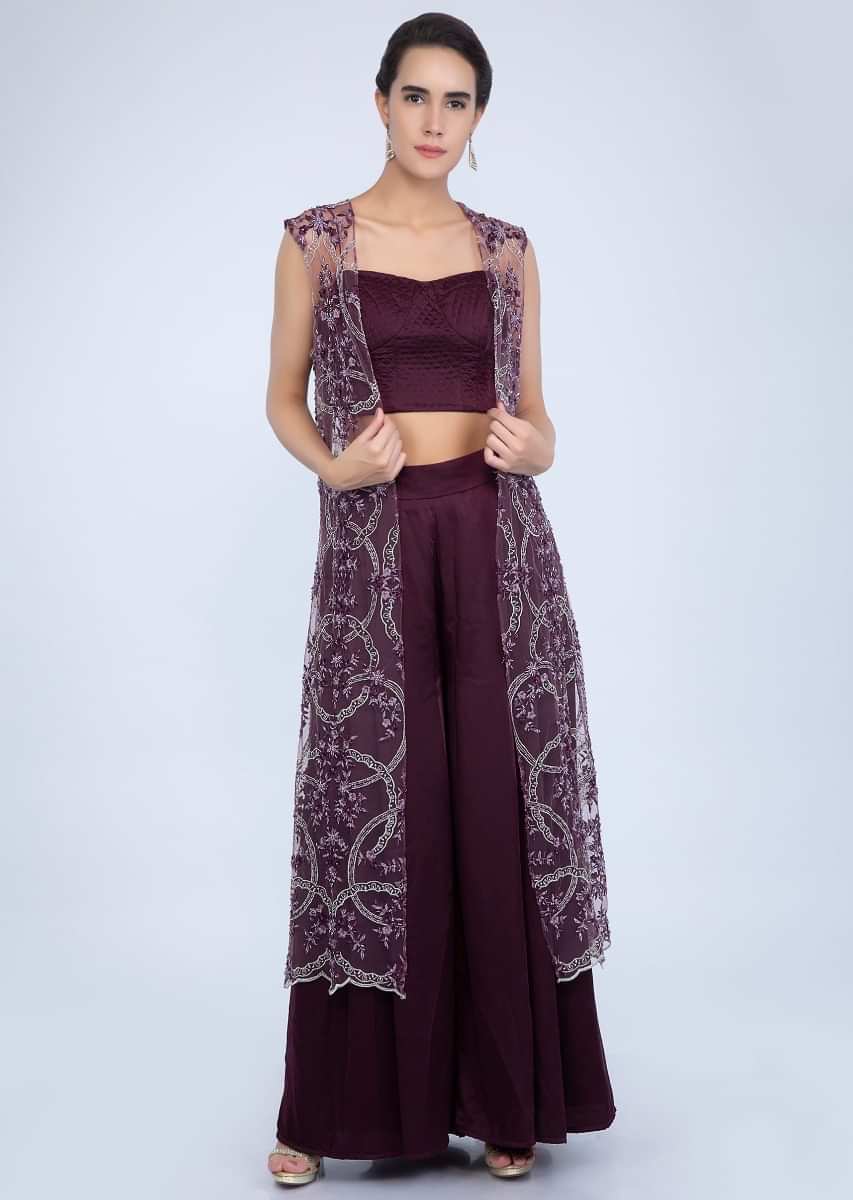 Mahogany Palazzo In Satin With Matching Crop Top And Heavy Embroidered Long Net Jacket Online - Kalki Fashion