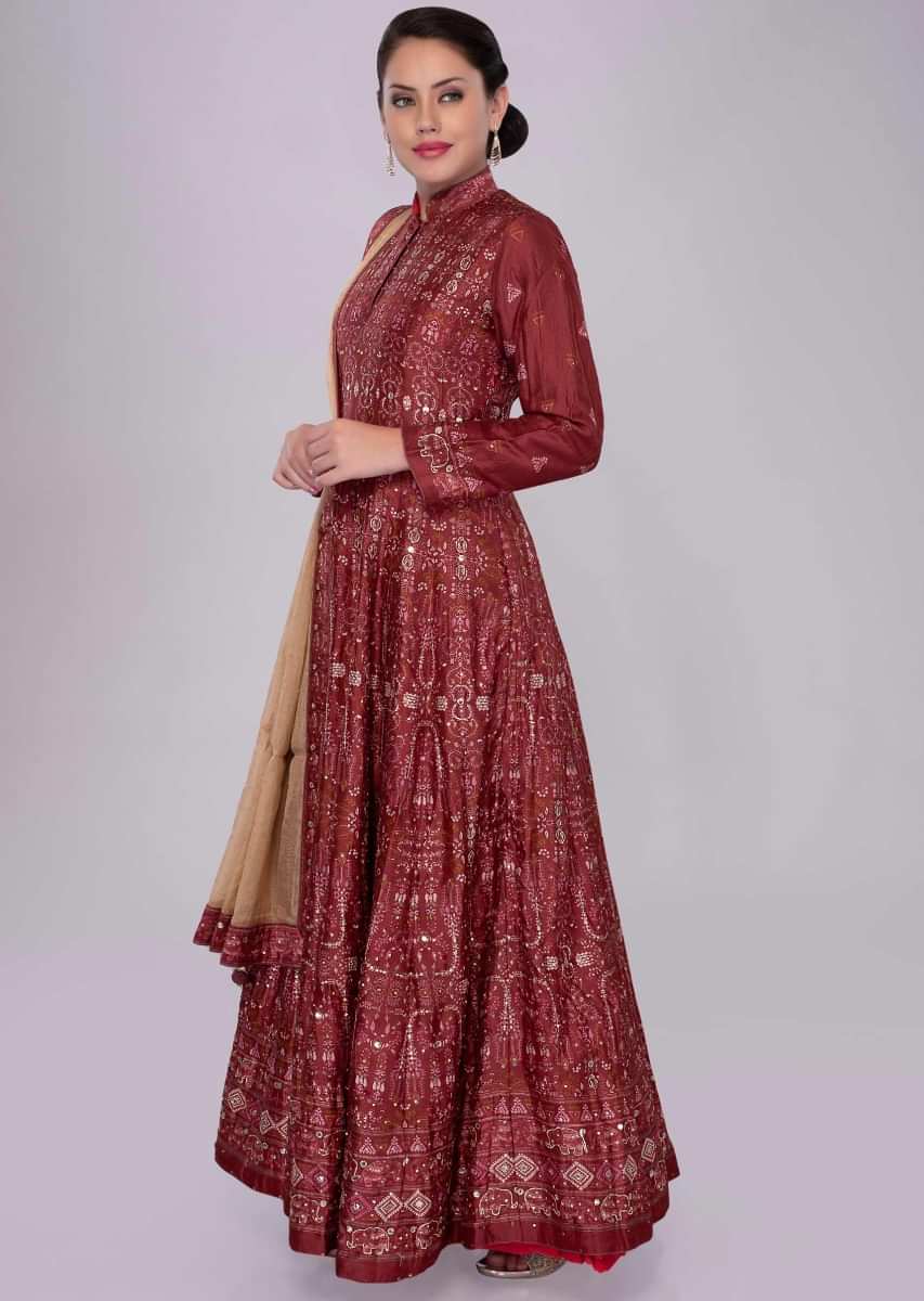 Mahogany silk anarkali dress in floral and animal print only on kalki