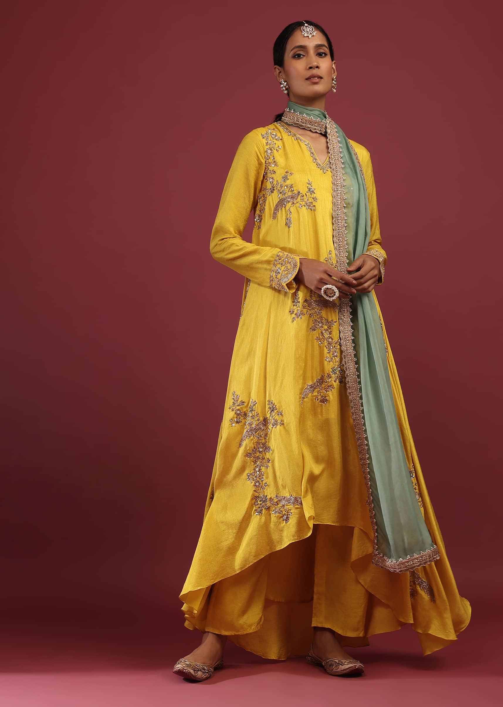 Buy Cyber Yellow A Line Suit With Zardosi Embroidered Bird Motifs And ...