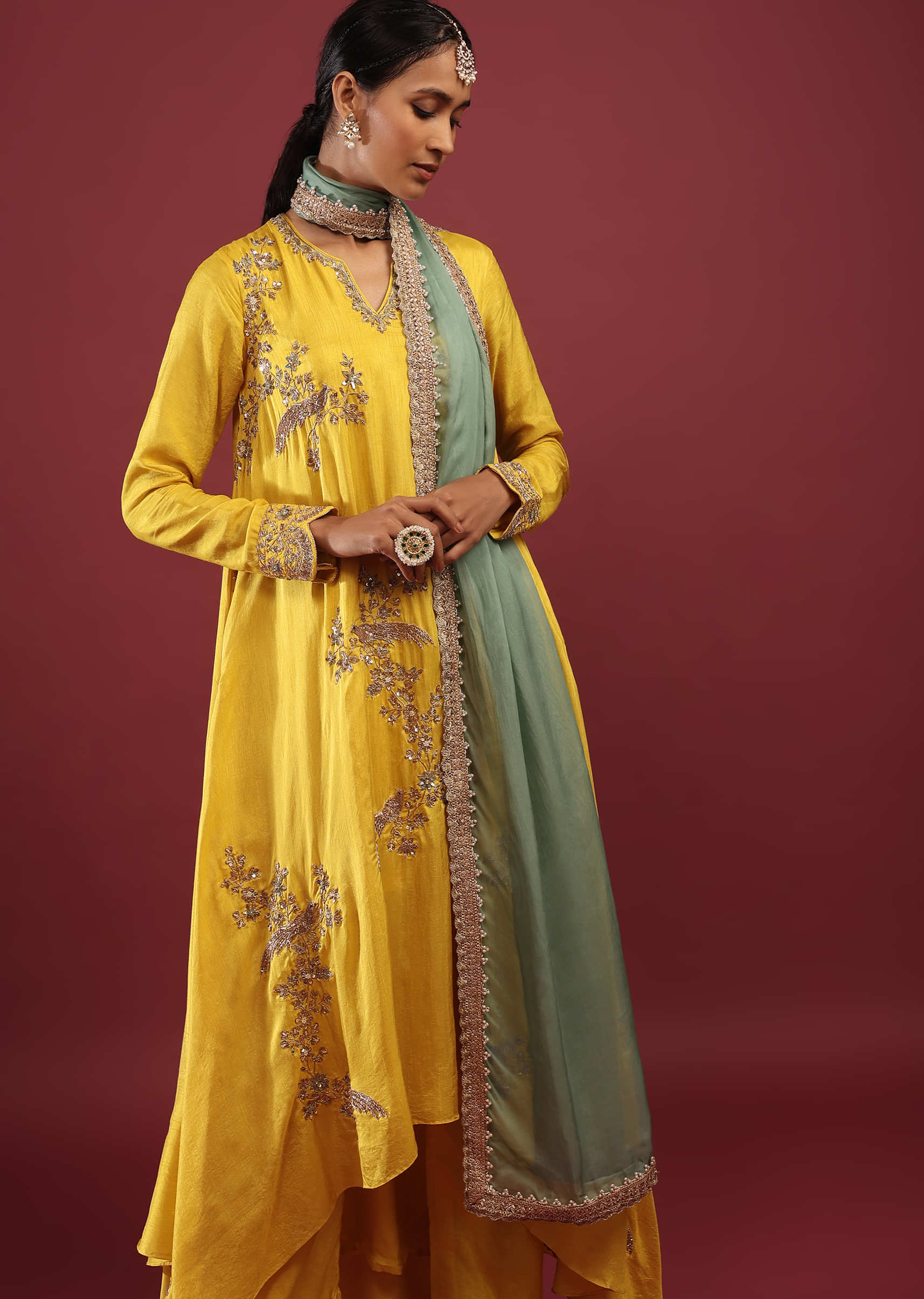 Cyber Yellow A Line Suit With Zardosi Embroidered Bird Motifs And Neptune Green Dupatta