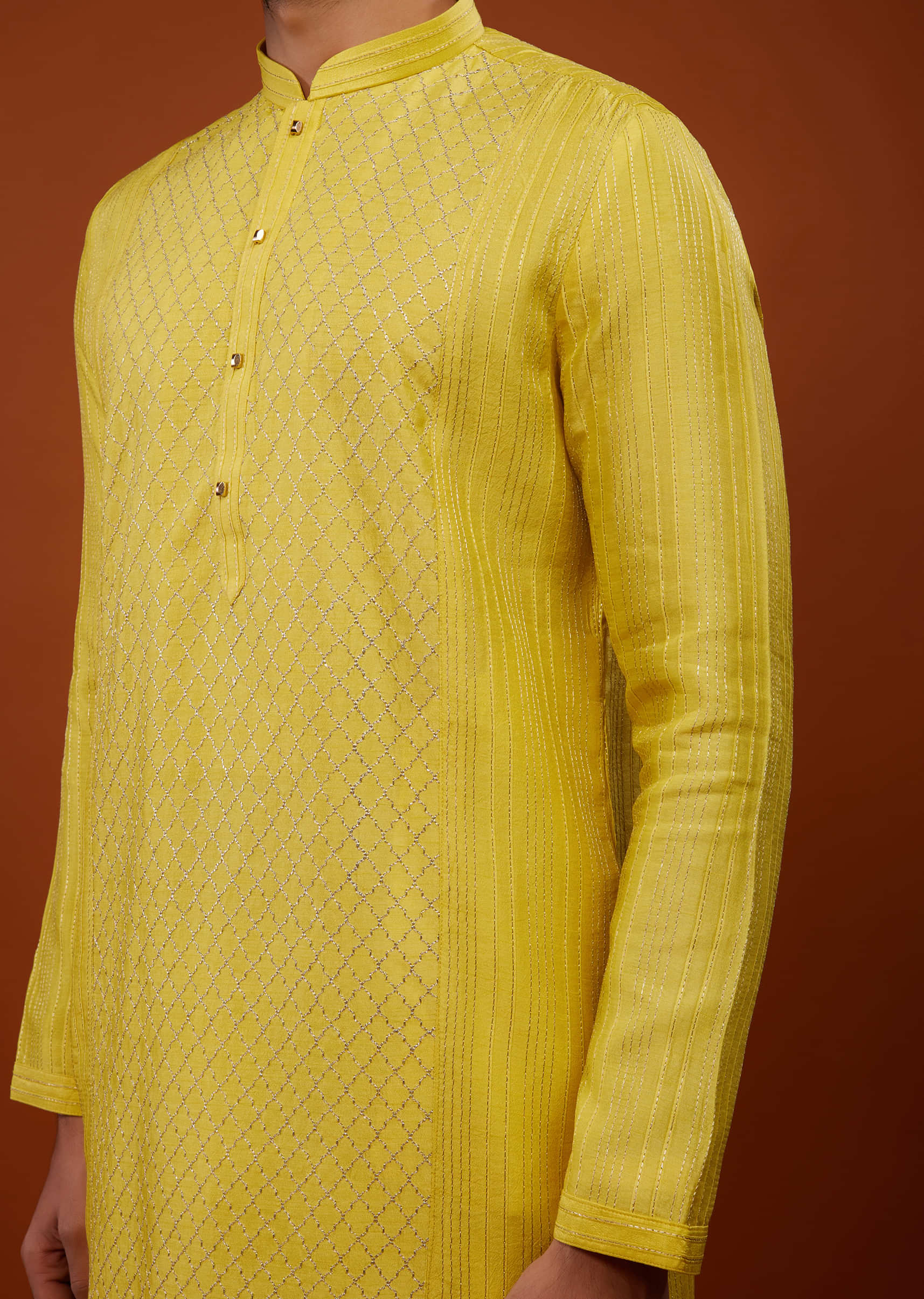 Daffodil Yellow Embroidered Kurta Set With Zari Work In Cotton Silk