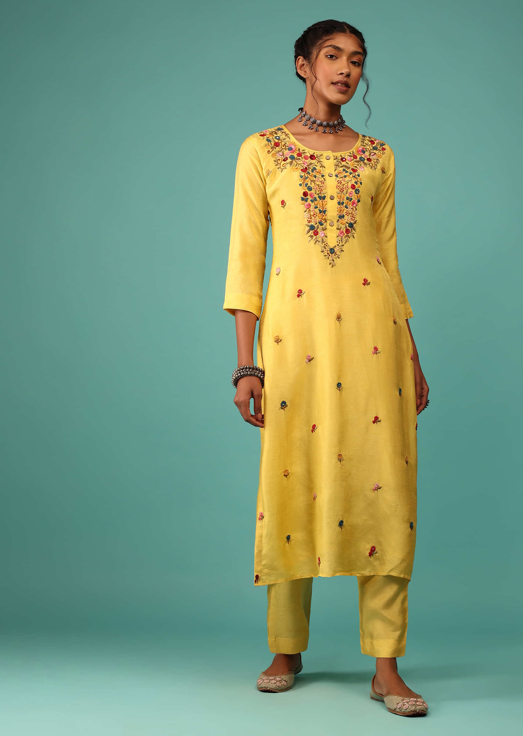 Maize Yellow Kurta Set In Dola Silk With Kashmiri Thread Embroidery & 3D Floral Work