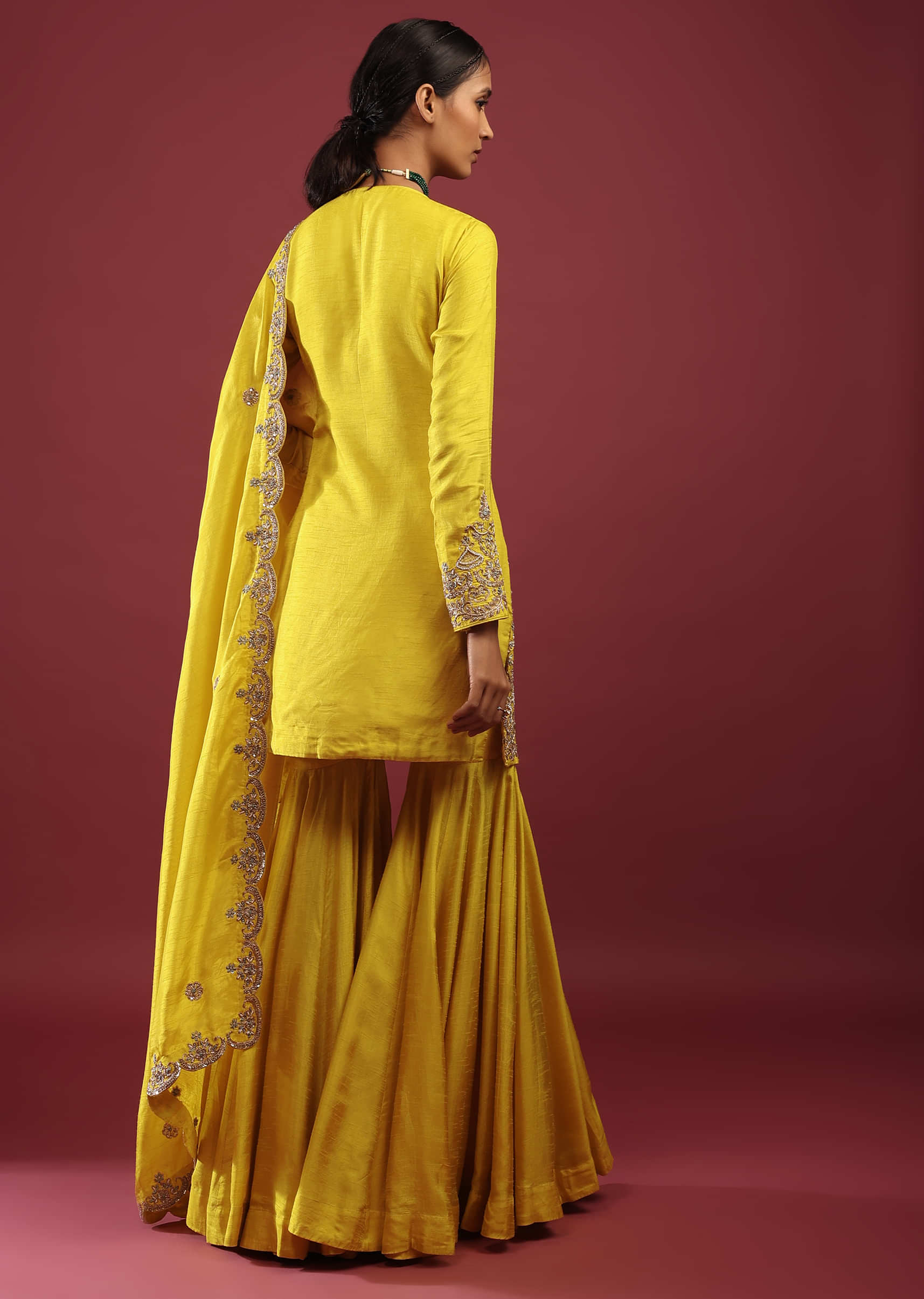 Daffodil Yellow Sharara Suit In Raw Silk With Zardosi And Moti Floral Work