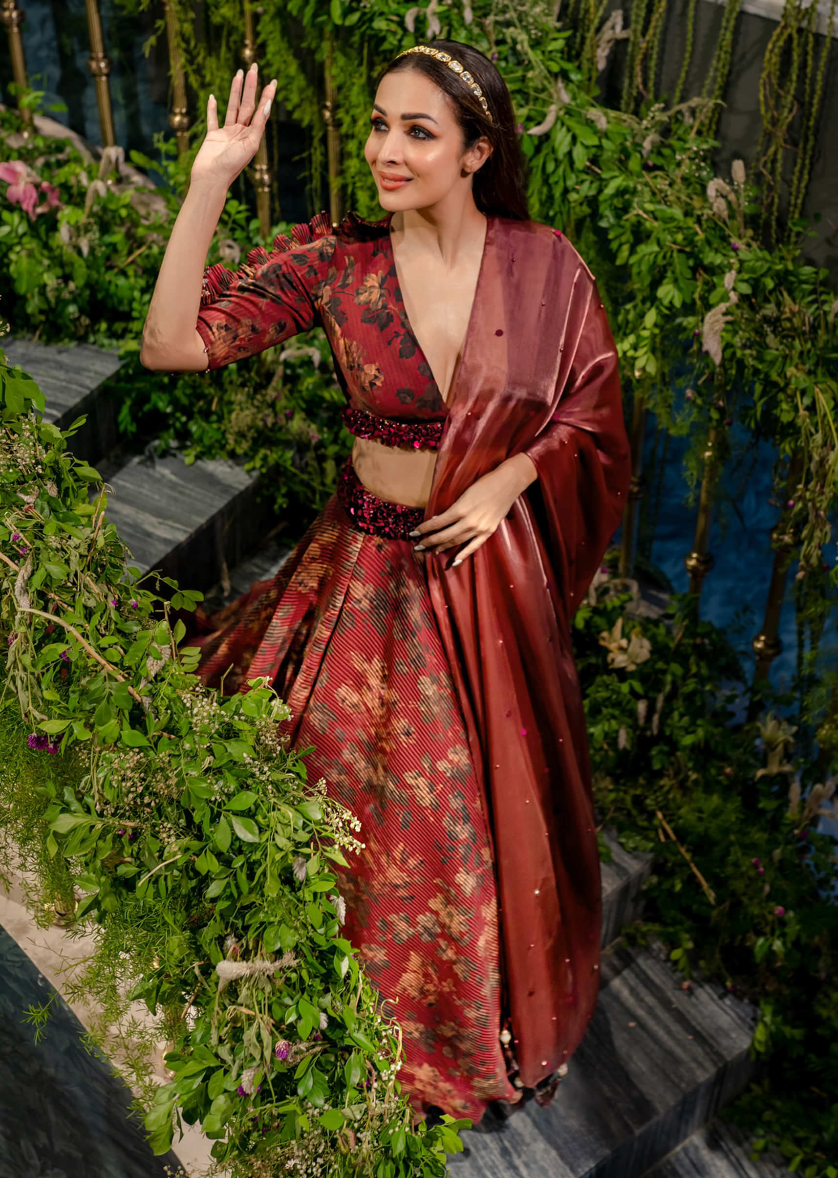 Malaika Arora Slaying In Kalki Blood Red Designer Lehenga In Georgette With Floral Print & Embroidery
